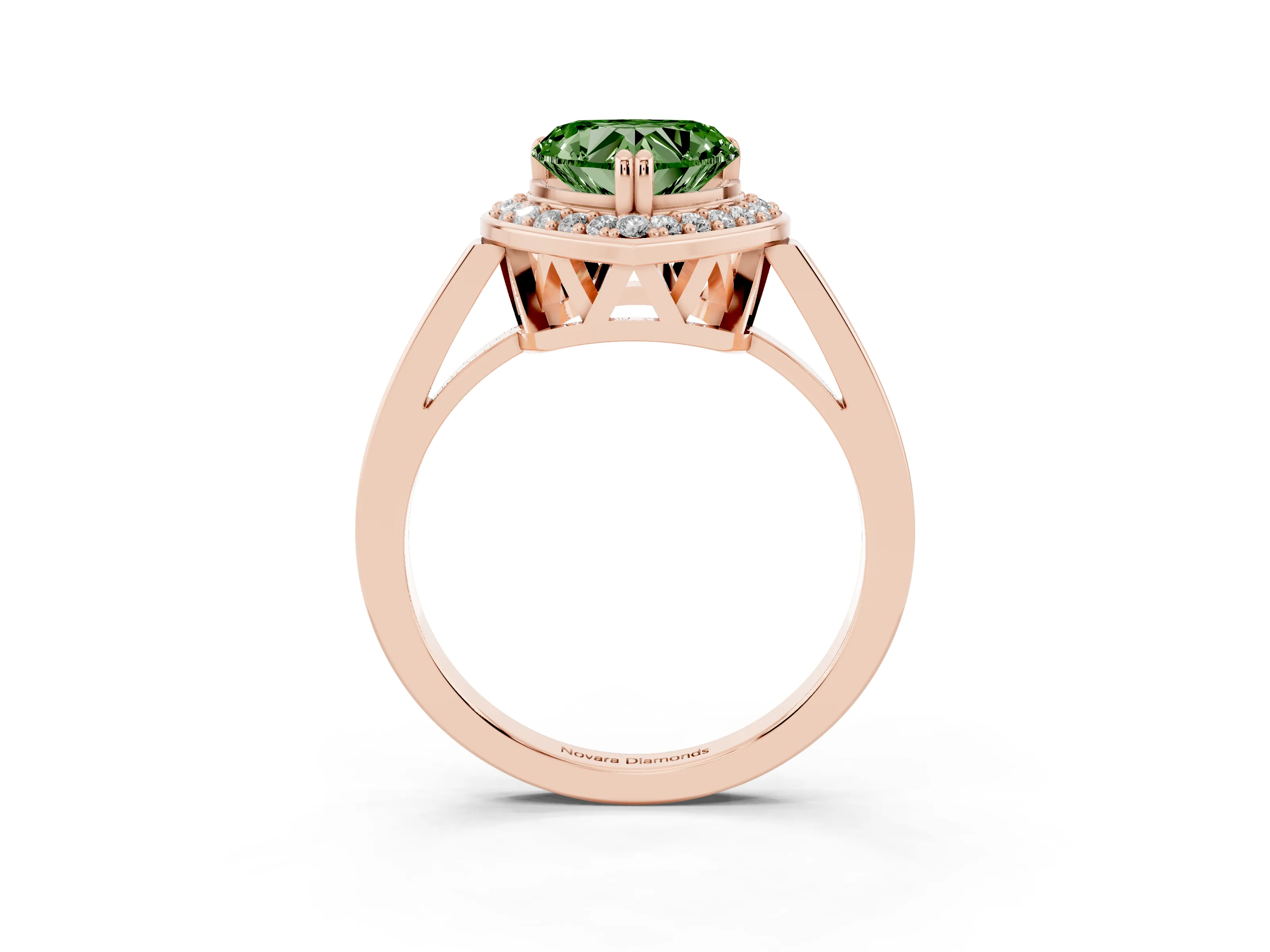 Fancy Green Heart Cut Diamond Halo Ring Set in Rose gold with Accent-Lined Split Shank and Prong Setting