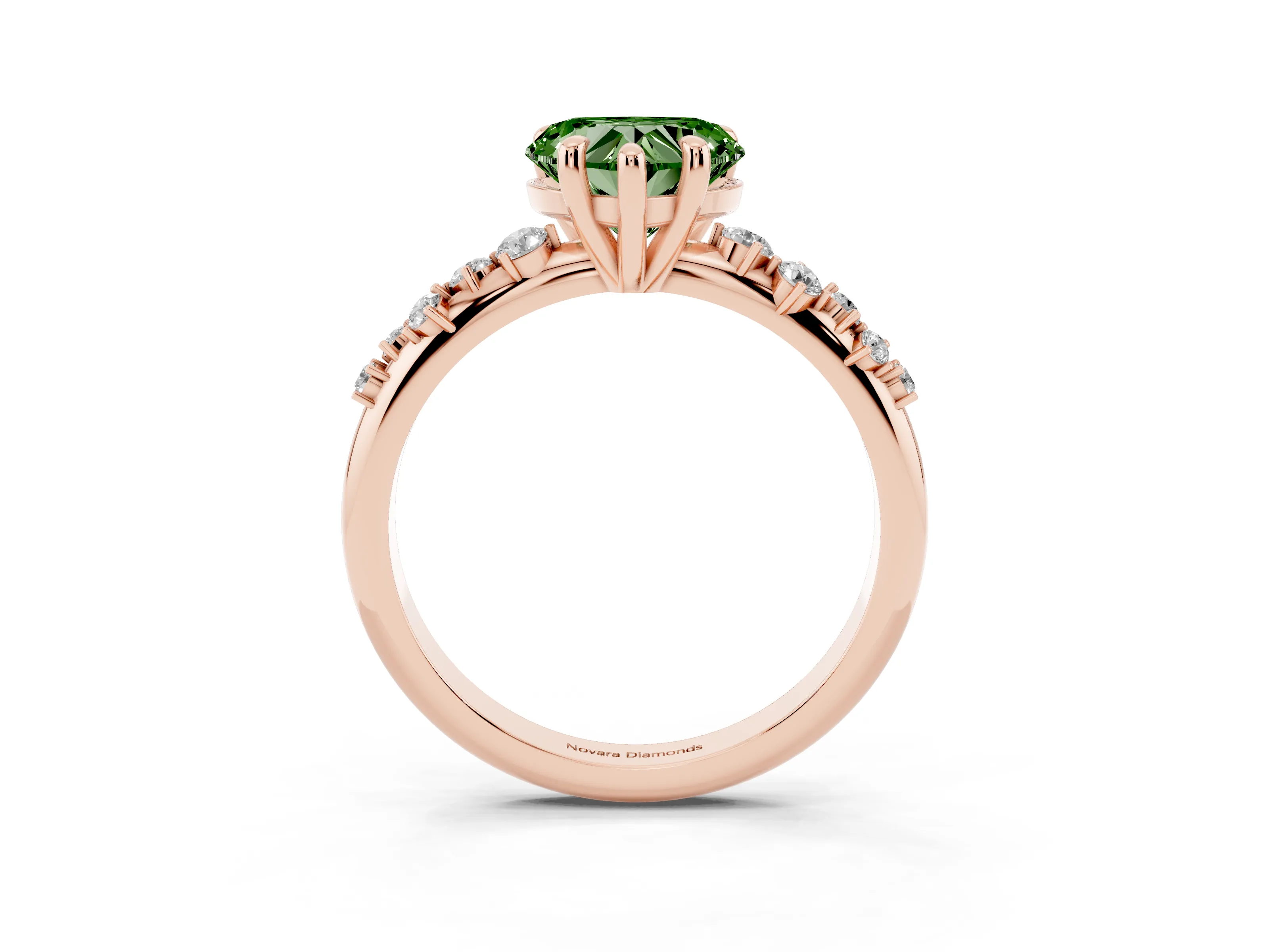 Fancy Green Heart Cut Diamond Solitaire Vine Band Ring Set in Rose gold with Round Accents and Prong Setting