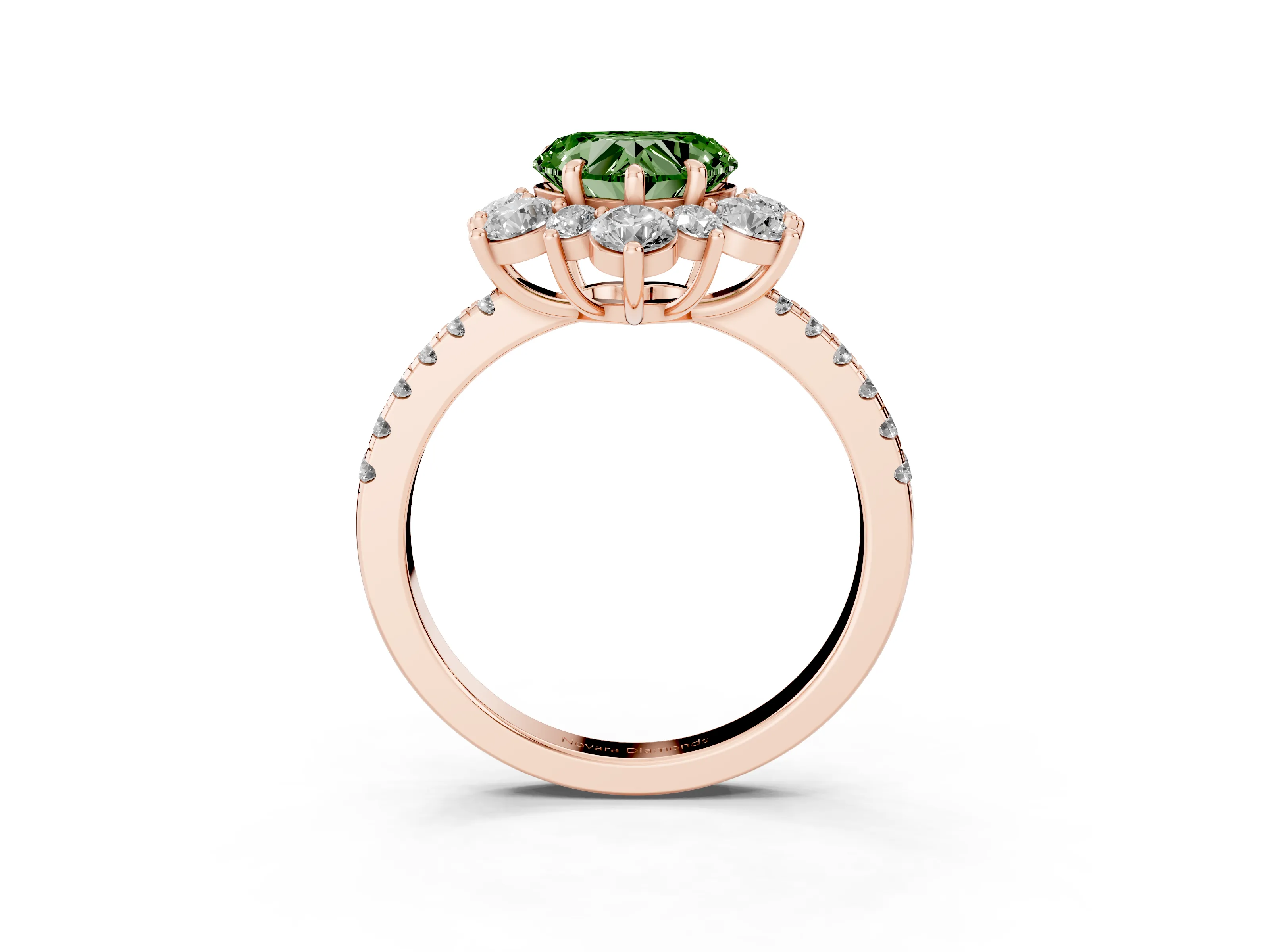 Fancy Green Heart Cut Diamond Floral Halo Ring Set in Rose gold with Round Pavé Band and Prong Setting