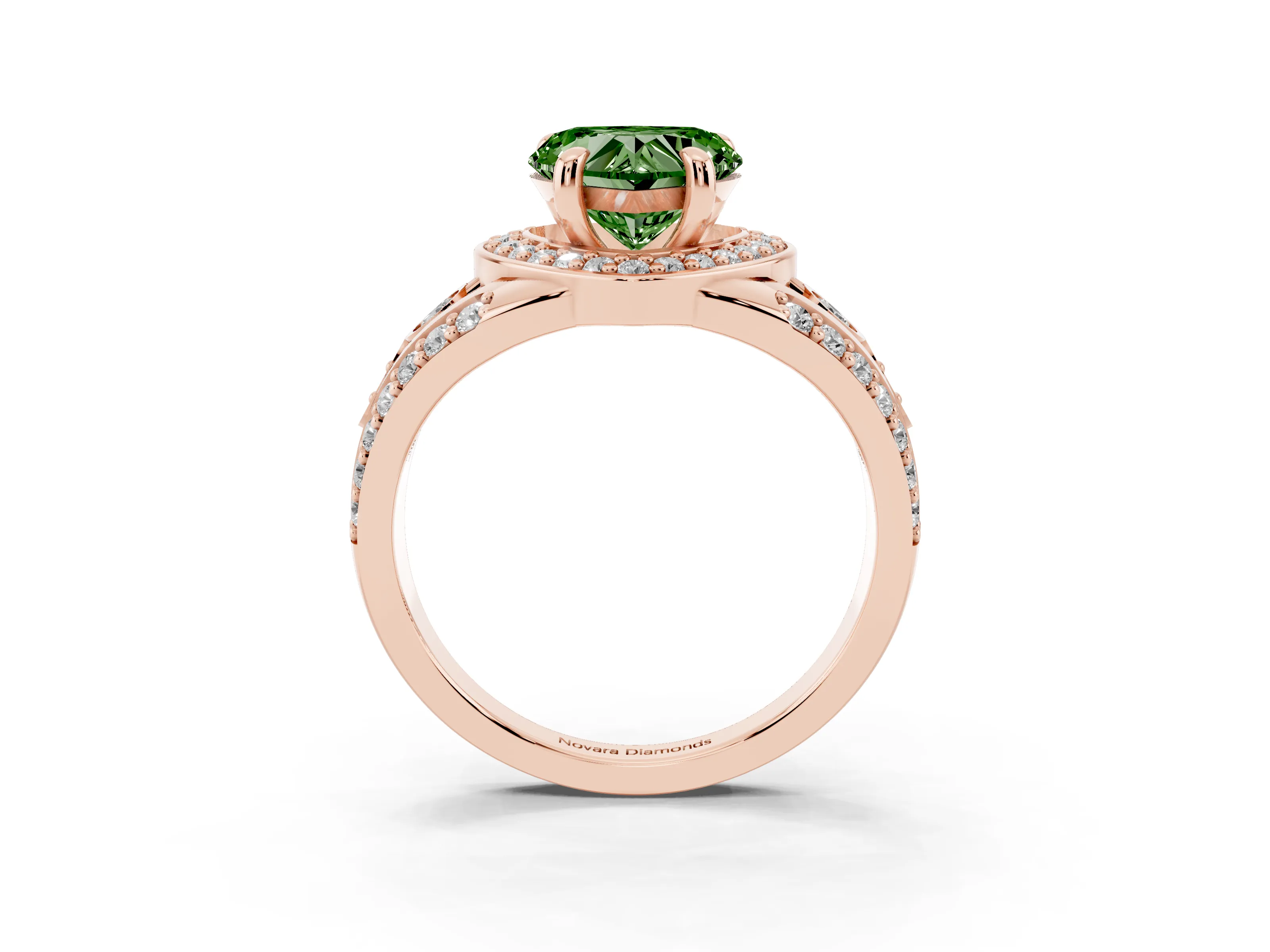 Fancy Green Heart Cut Diamond Halo Ring Set in Rose gold with Pavé Split Shank and Bezel Accents