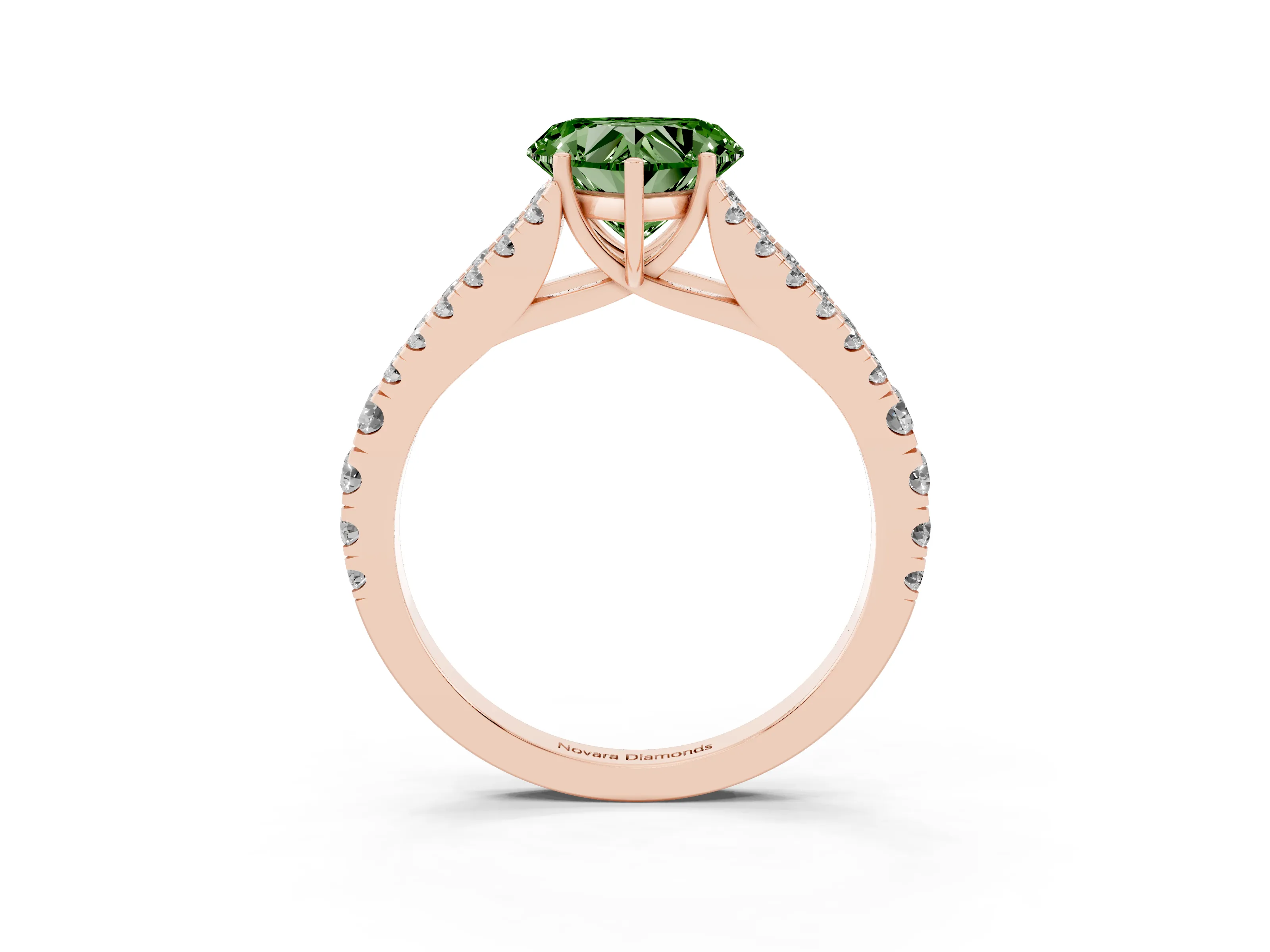 Fancy Green Heart Cut Diamond Split Shank Pavé Engagement Ring Set in Rose gold with Prong-Held Center Stone