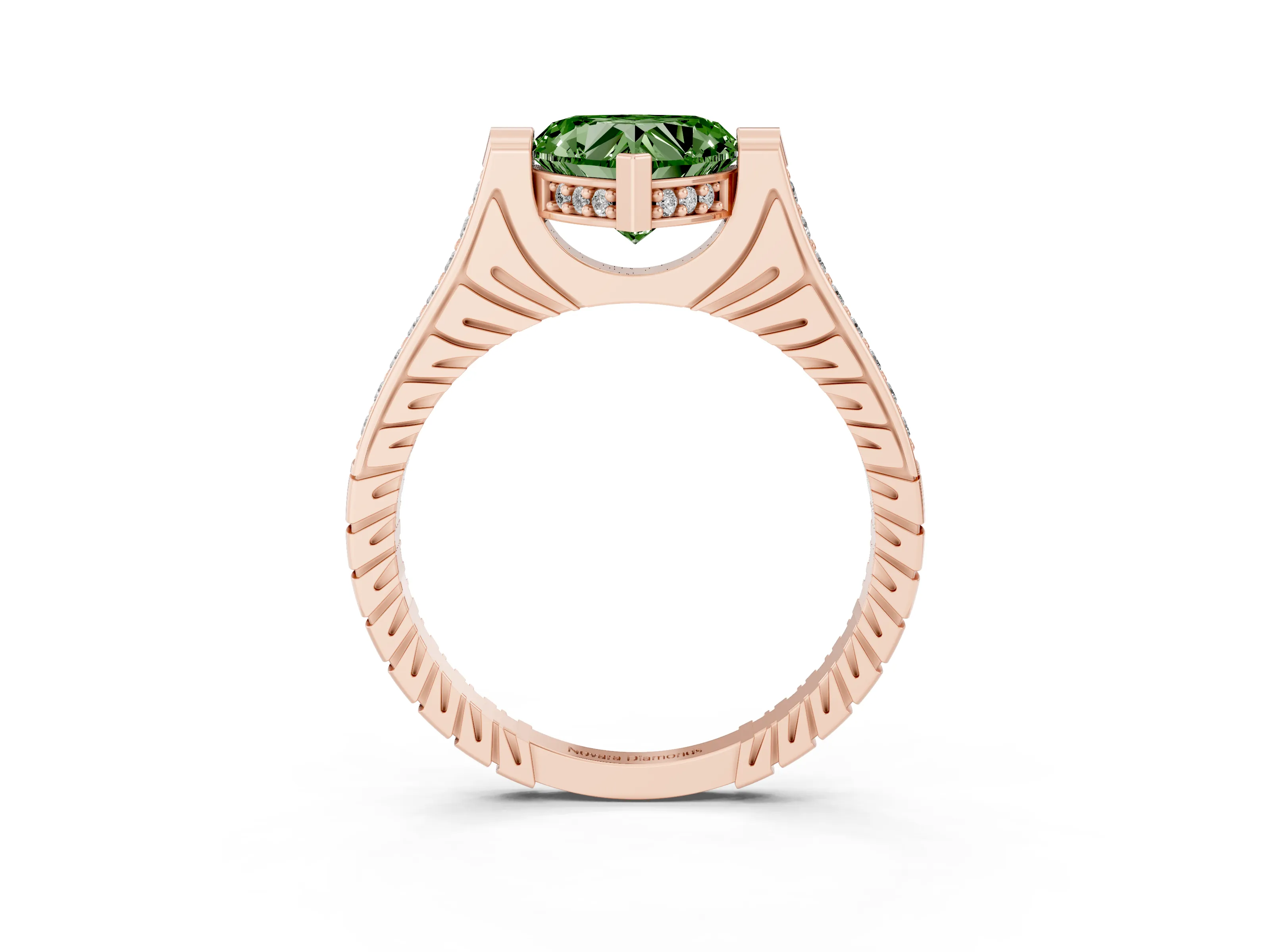 Fancy Green Heart Cut Diamond Solitaire Ring Set in Rose gold with Channel Set Band and Bezel Prong Setting