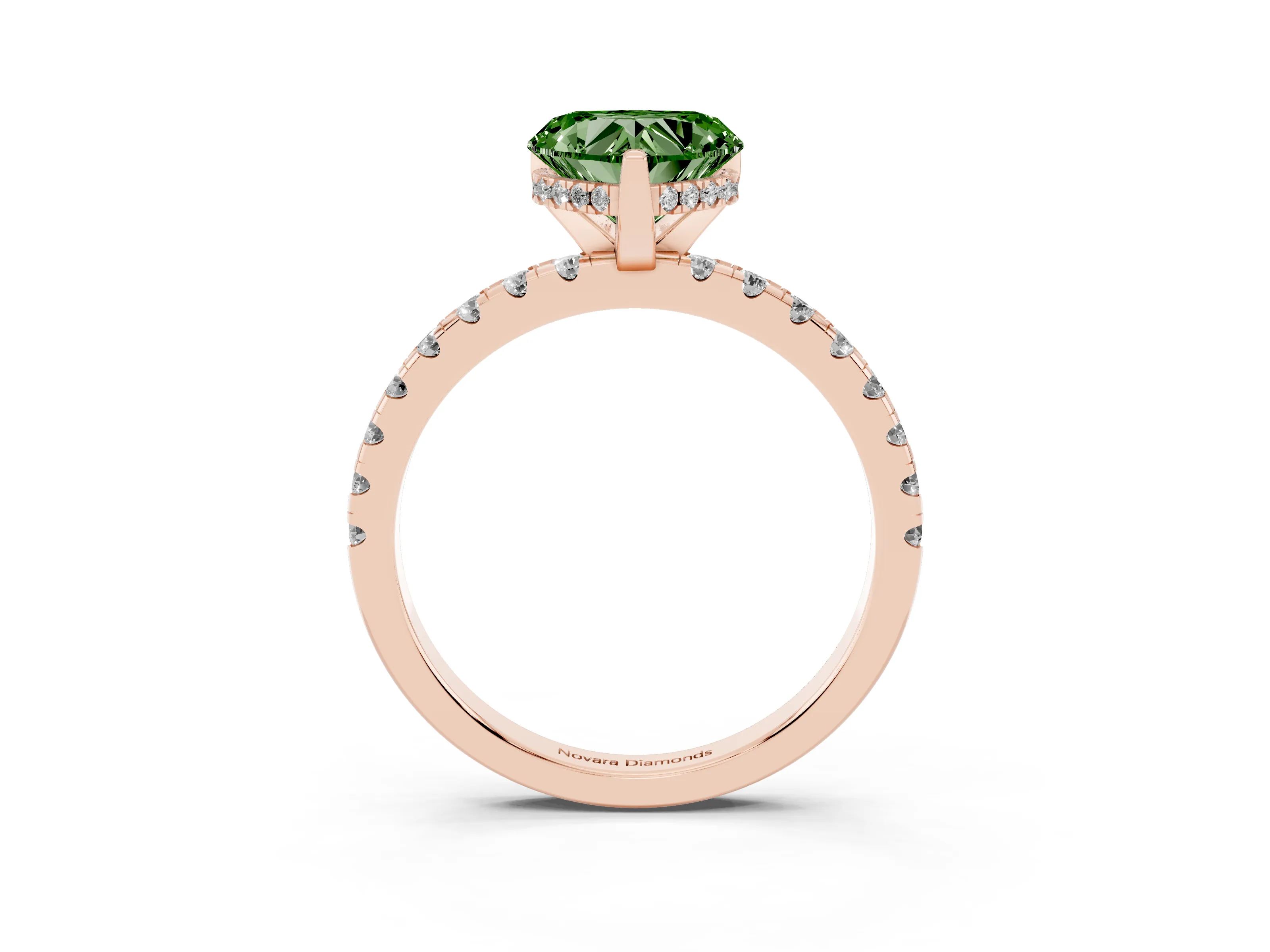 Fancy Green Heart Cut Diamond Pavé Solitaire Ring Set in Rose gold with Round Band Accents and Prong Setting