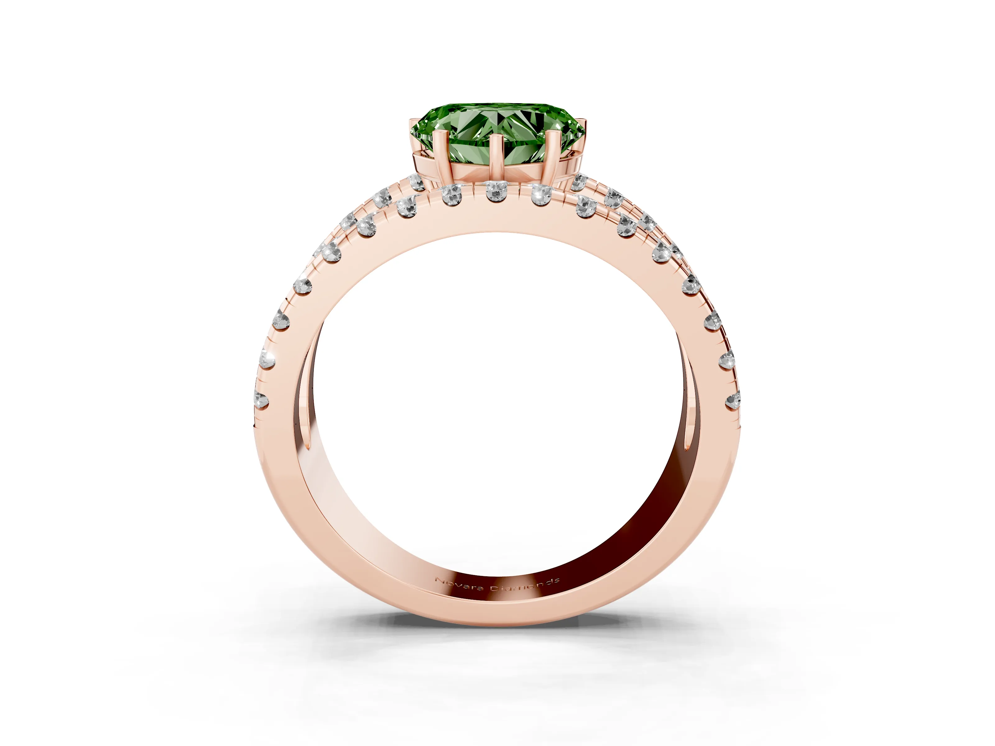 Fancy Green Heart Cut Diamond Split Shank Pavé Solitaire Ring Set in Rose gold with Open Shank Design