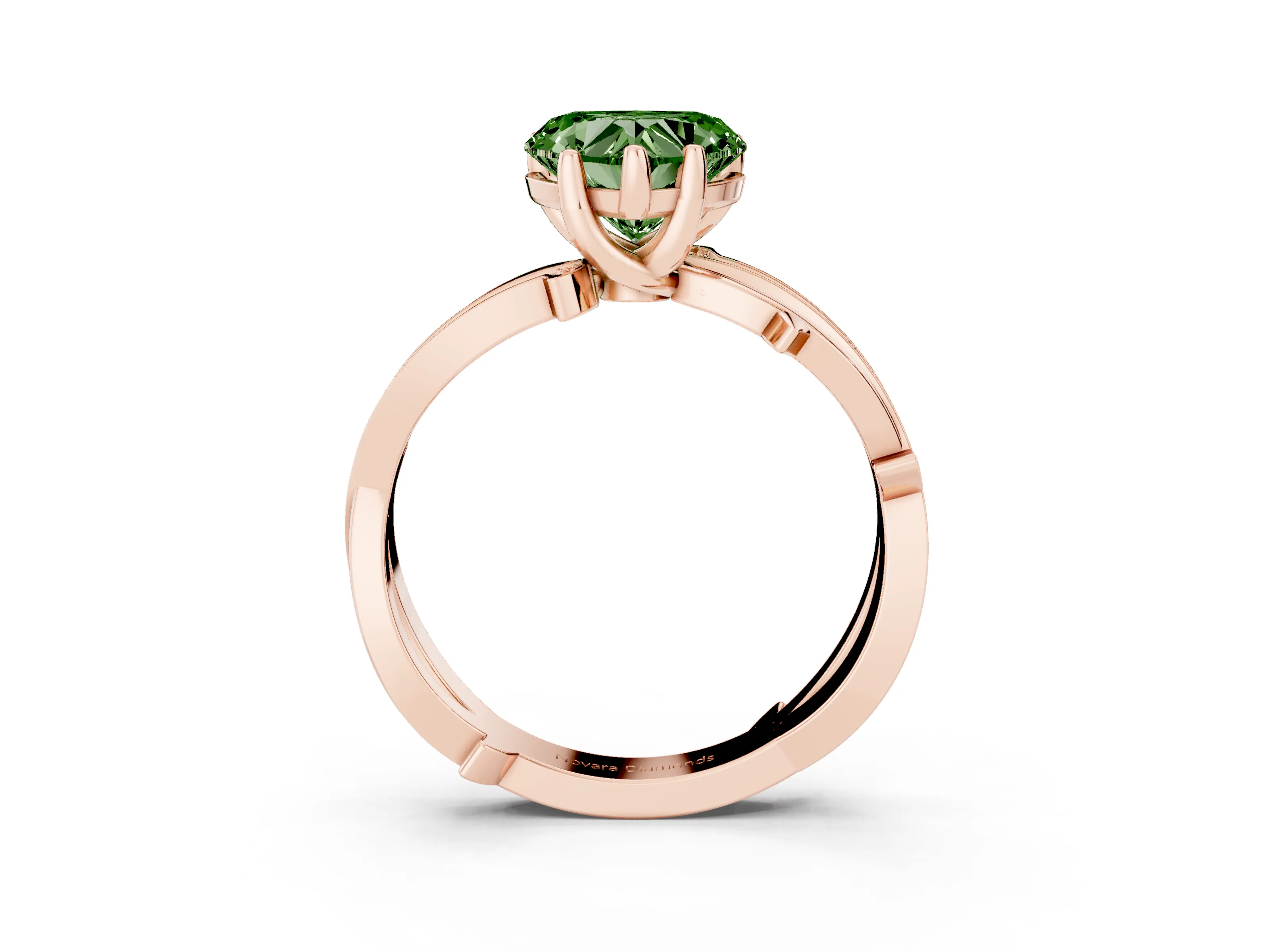 Fancy Green Heart Cut Diamond Pavé Twist Band Solitaire Ring Set in Rose gold with Prong Setting
