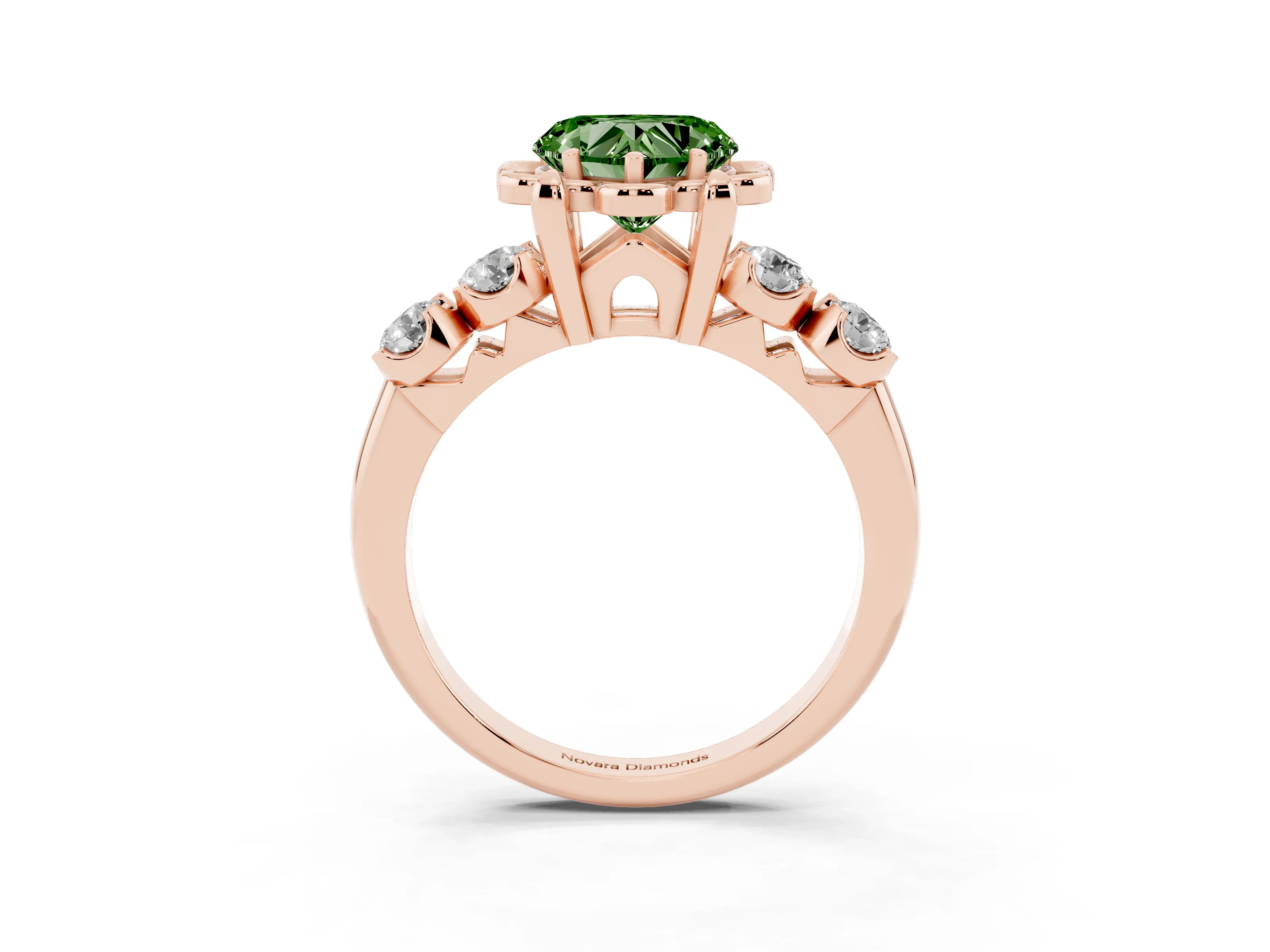 Fancy Green Heart Cut Diamond Floral Halo Ring Set in Rose gold with Shared Prong Band