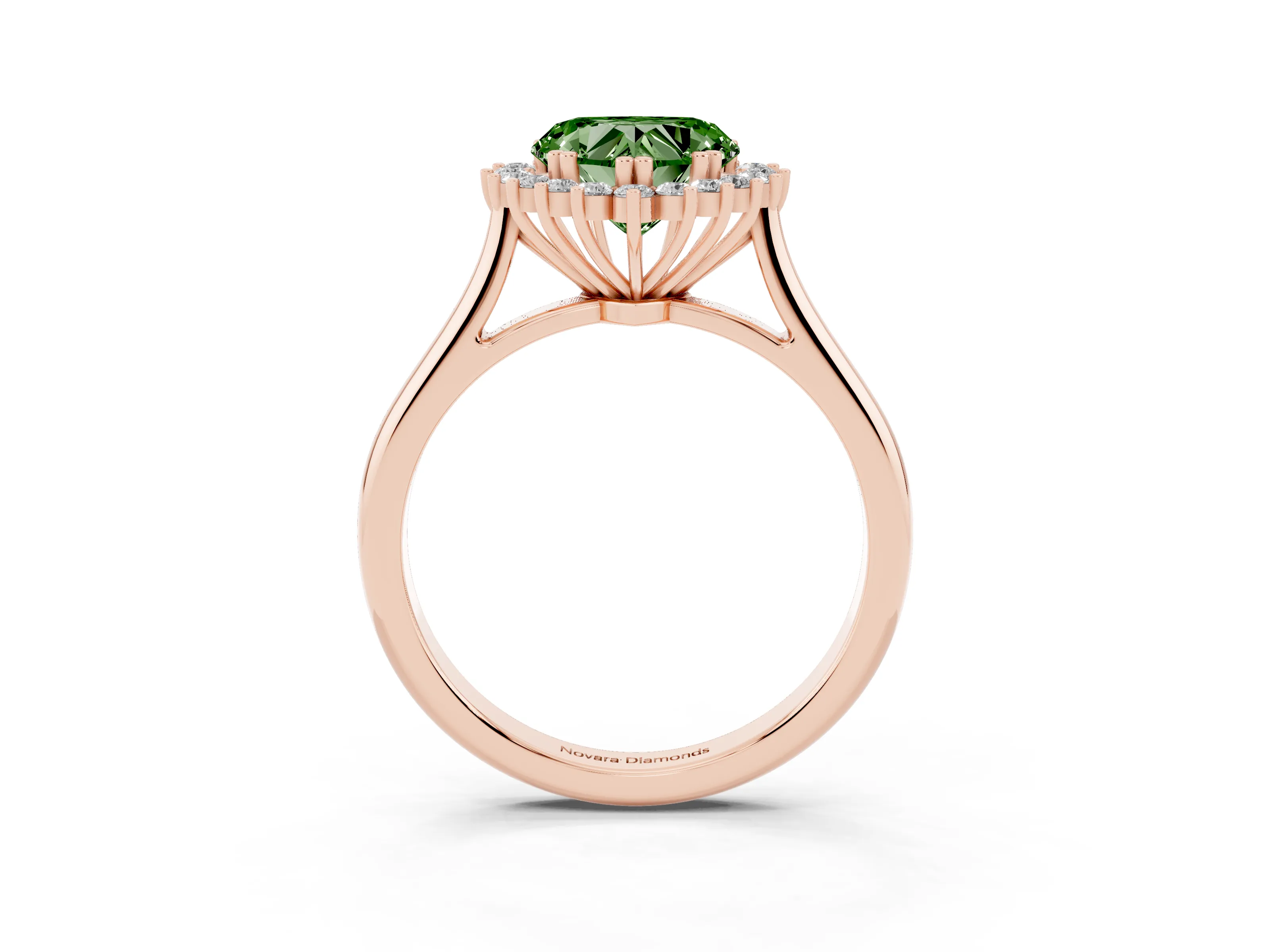 Fancy Green Heart Cut Diamond Halo Ring Set in Rose gold with Plain Solitaire Band and Prong Setting