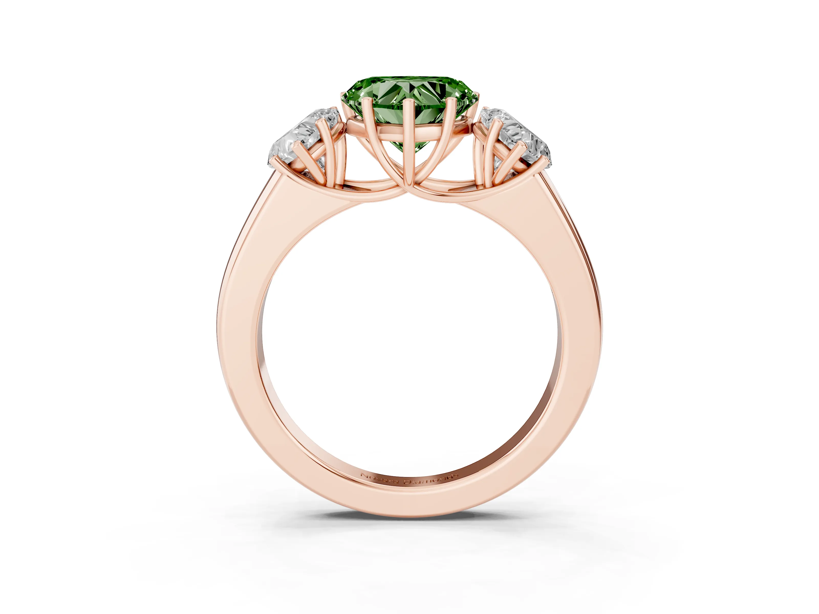 Fancy Green Three-Stone Heart Cut Diamond Ring Set in Rose gold with Matching Prong Settings and Plain Band