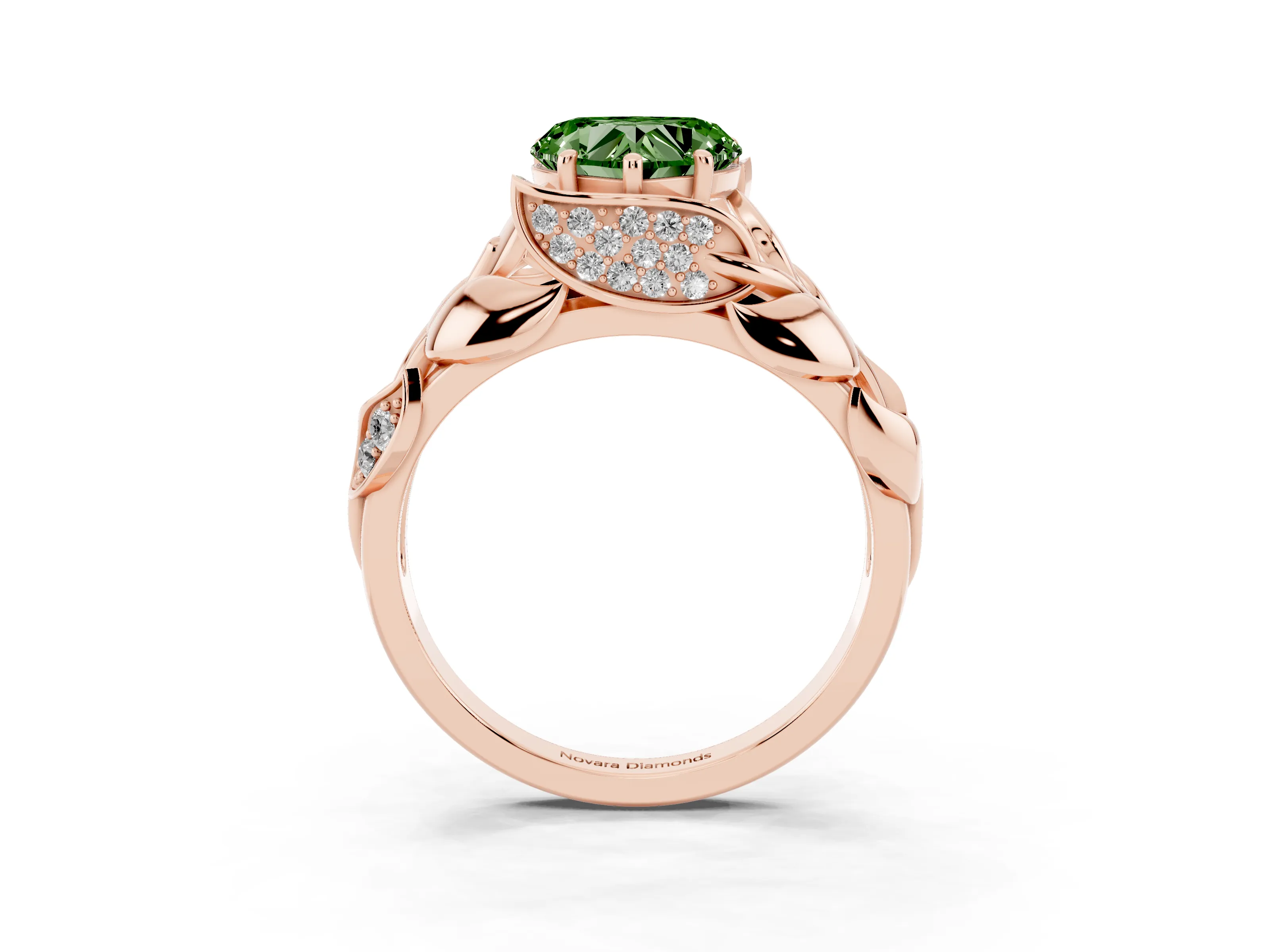 Fancy Green Heart Cut Diamond Leaf-Inspired Engagement Ring Set in Rose gold with Round Accents