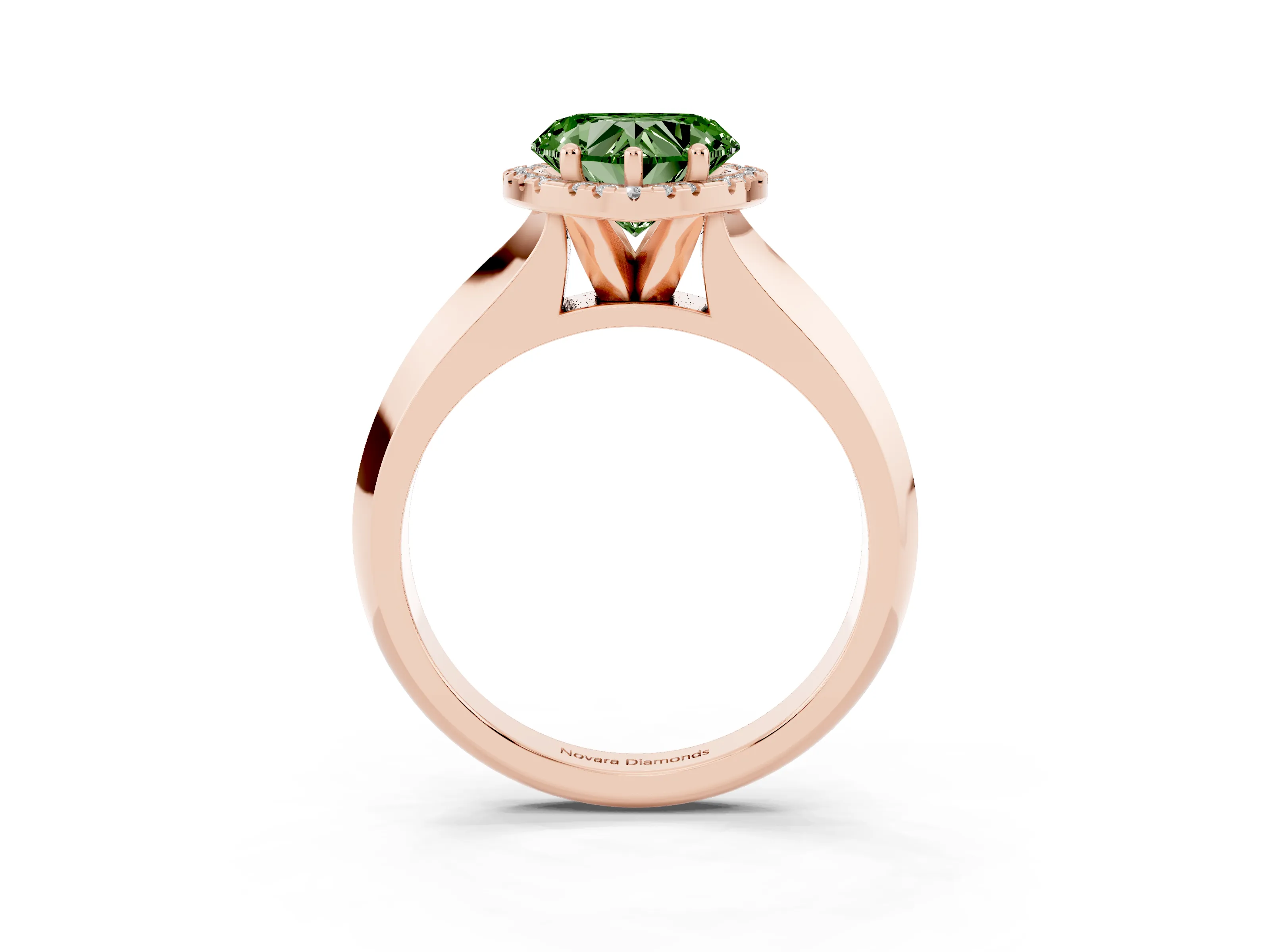 Fancy Green Heart Cut Diamond Halo Ring Set in Rose gold with Cathedral Band and Prong Setting