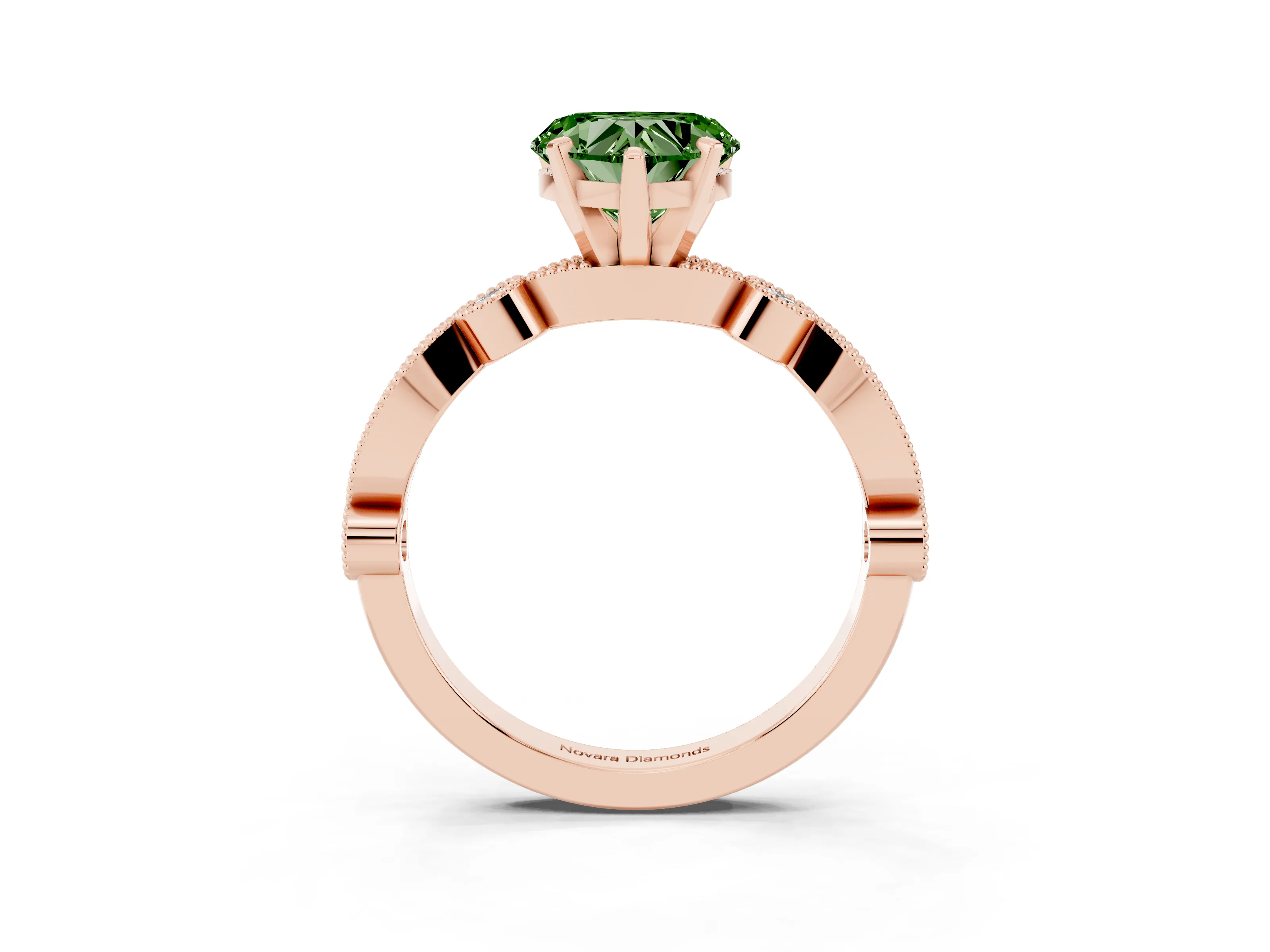 Fancy Green Heart Cut Diamond Solitaire Engagement Ring Set in Rose gold with Milgrain Bezel Accent Band