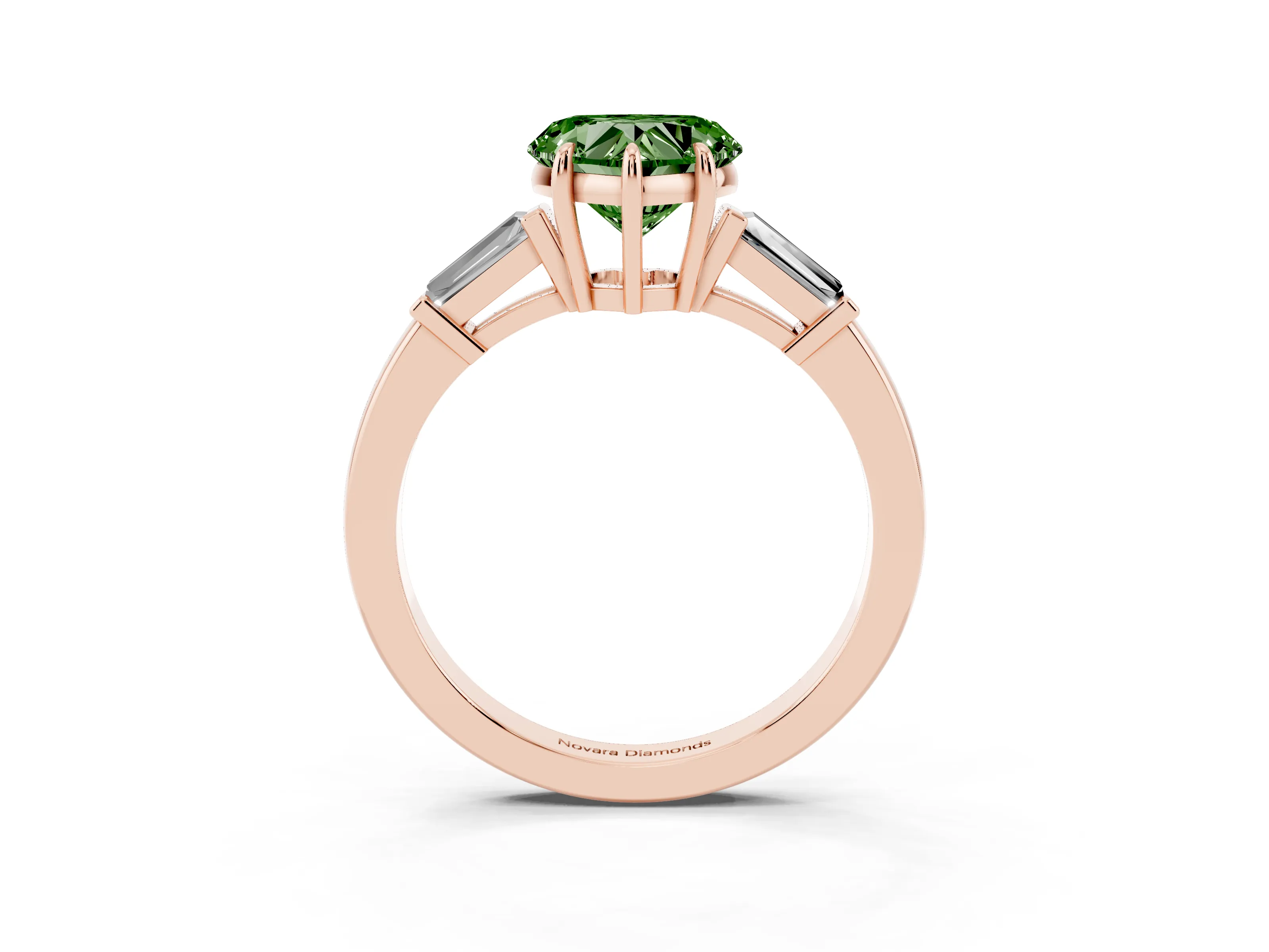 Fancy Green Heart Cut Diamond Three-Stone Ring Set in Rose gold with Tapered Baguette Side Stones and Prong Setting