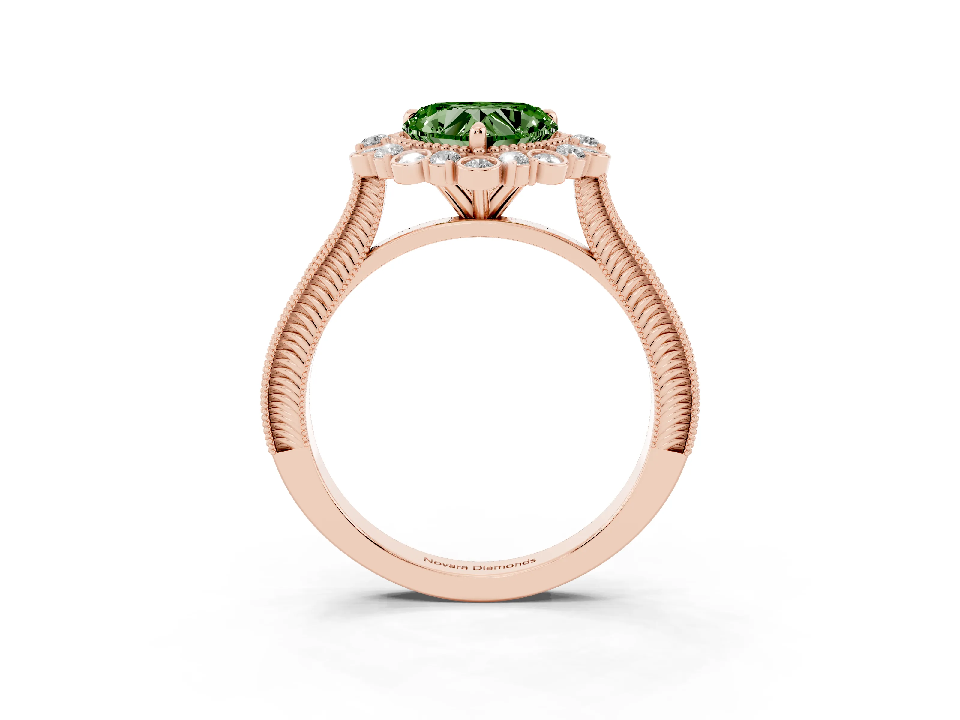 Fancy Green Heart Cut Diamond Halo Milgrain Pavé Ring Set in Rose gold with Prong Setting