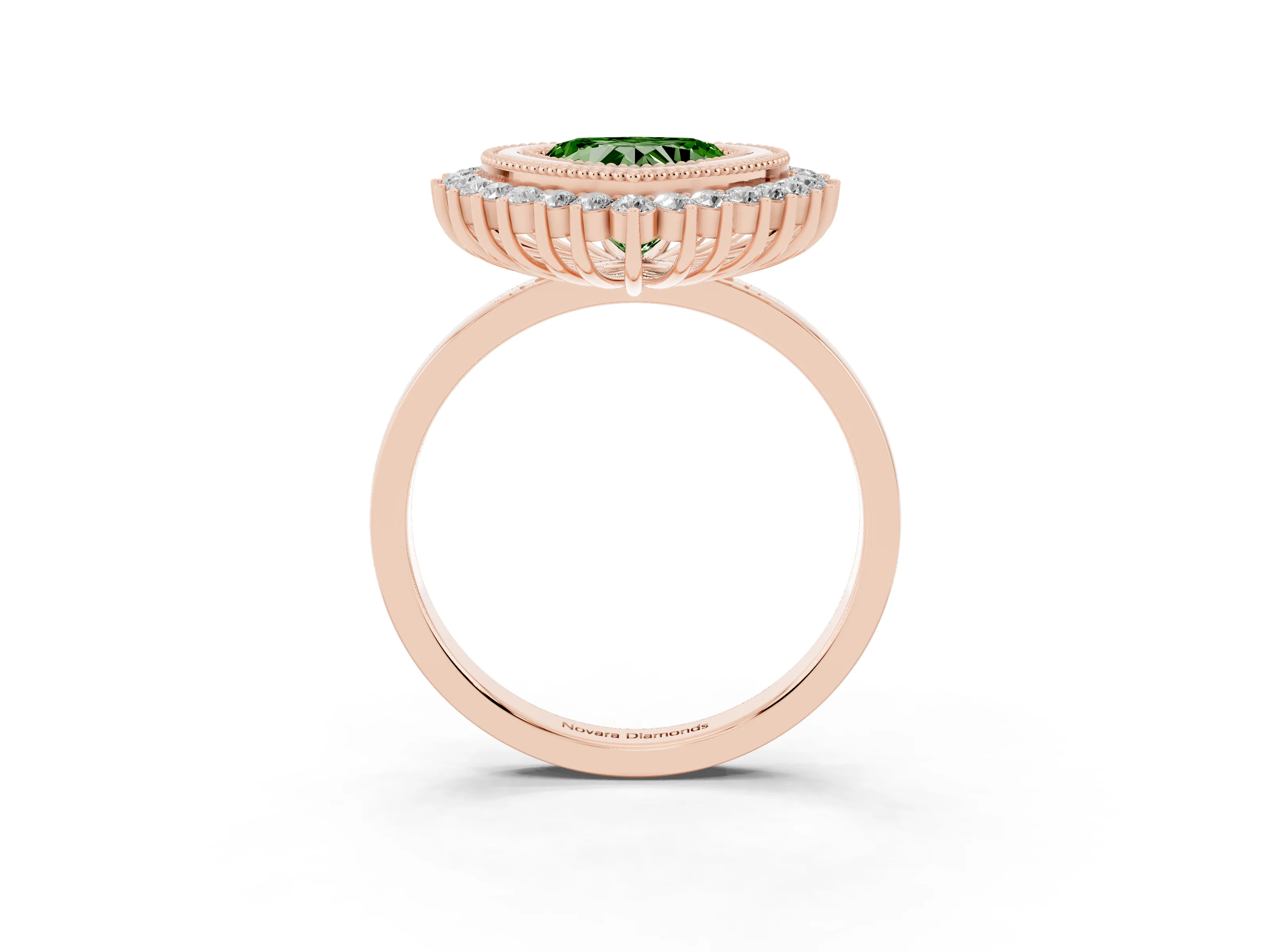 Fancy Green Heart Cut Diamond Halo Ring Set in Rose gold with Milgrain Edge and Round Prong Setting