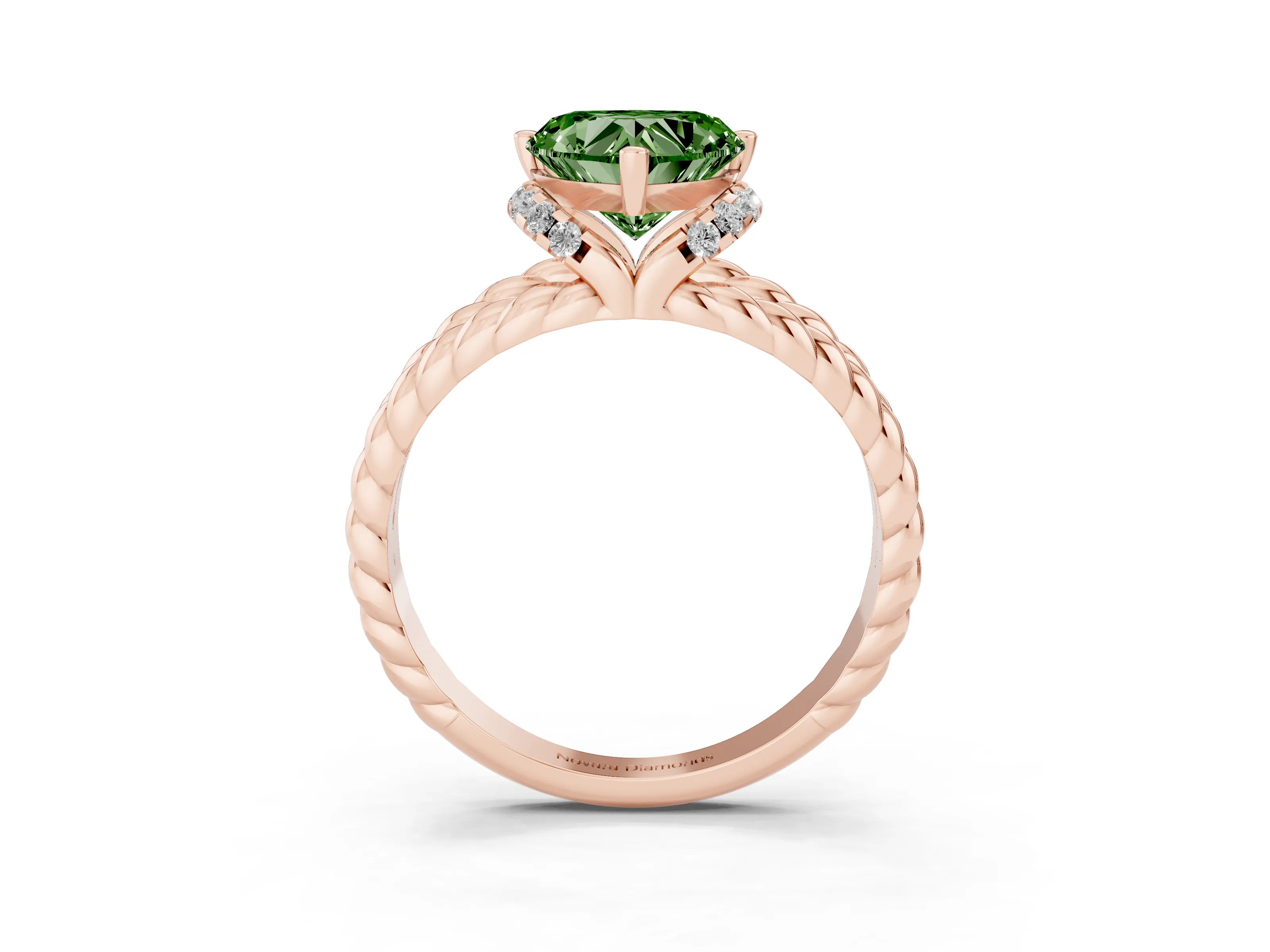 Fancy Green Heart Cut Diamond Halo Ring Set in Rose gold with Twisted Band and Prong Setting