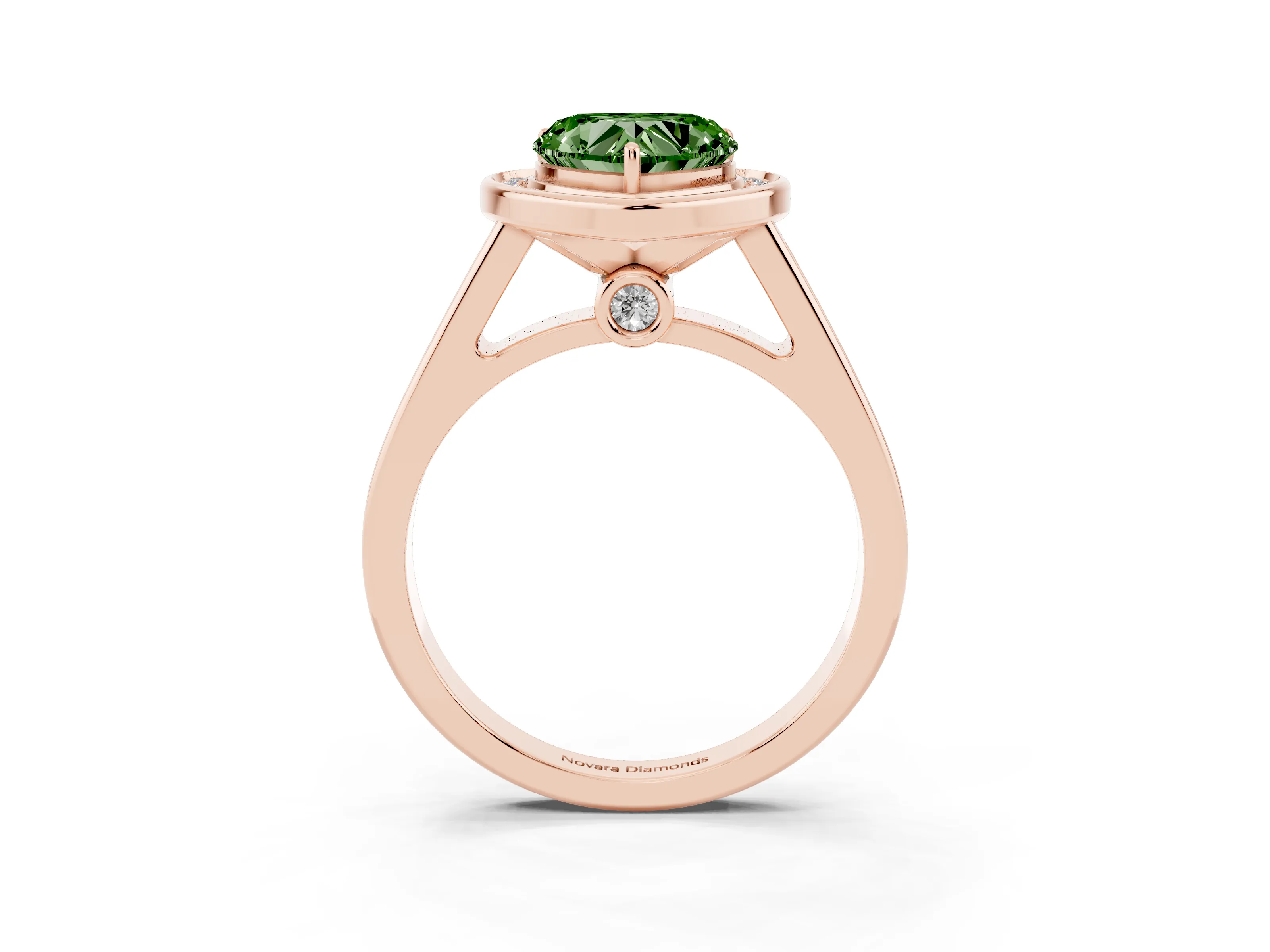 Fancy Green Heart Cut Diamond Halo Solitaire Ring Set in Rose gold with Pavé Band and Bezel Setting