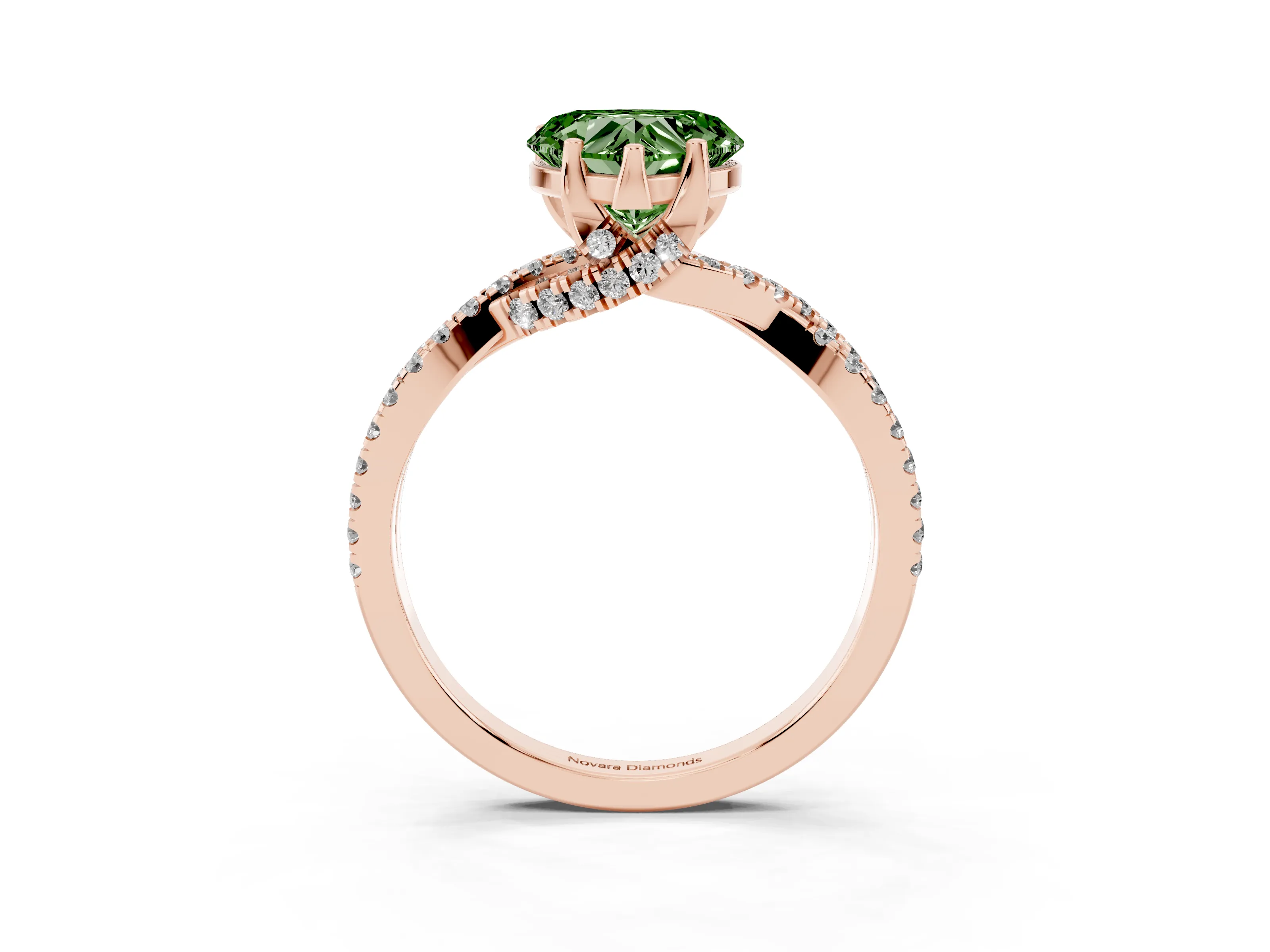 Fancy Green Heart Cut Diamond Twist Pavé Solitaire Engagement Ring Set in Rose gold with Prong Setting