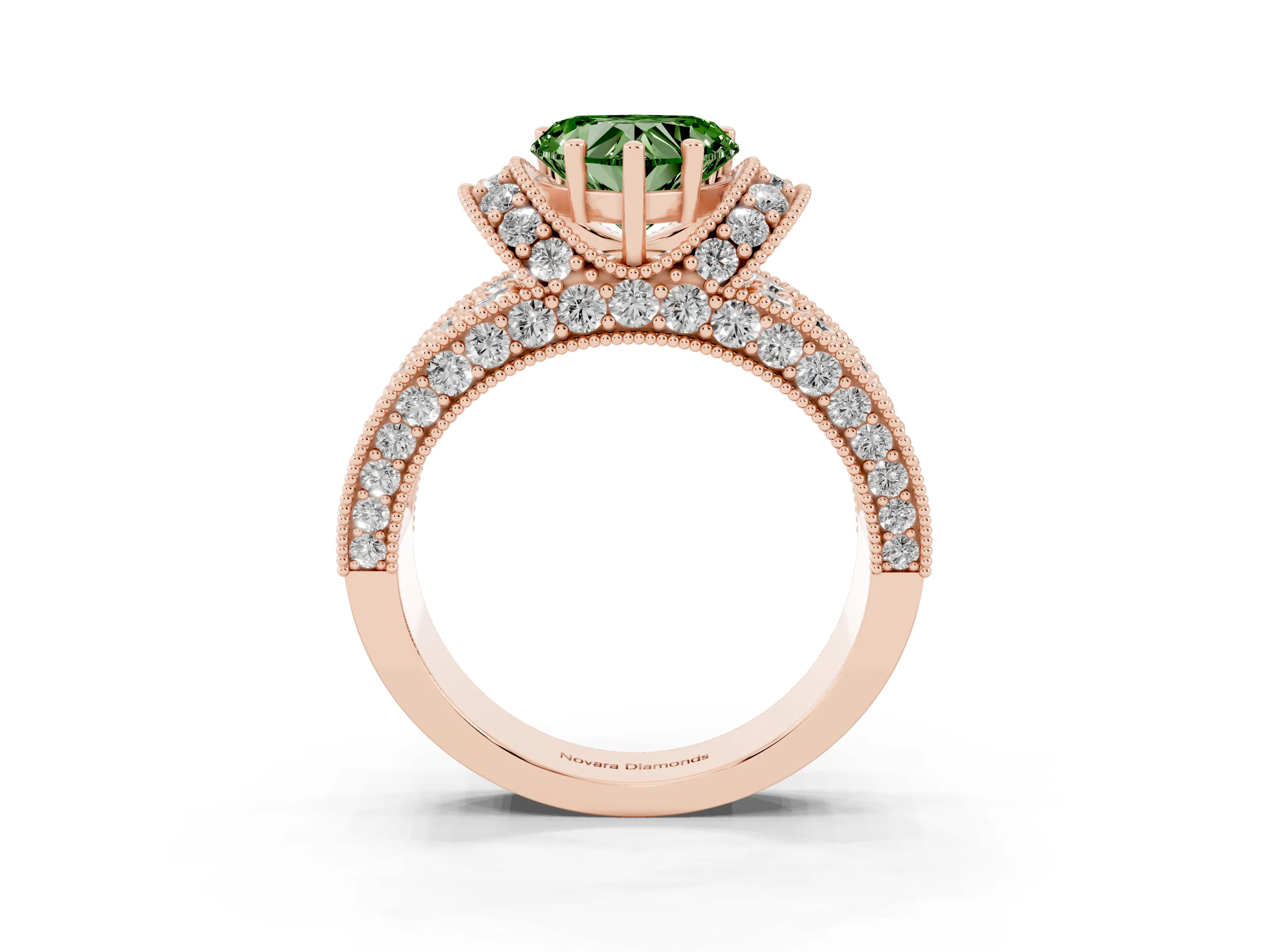 Fancy Green Heart Cut Diamond Milgrain Halo Pavé Engagement Ring Set in Rose gold with Prong Setting
