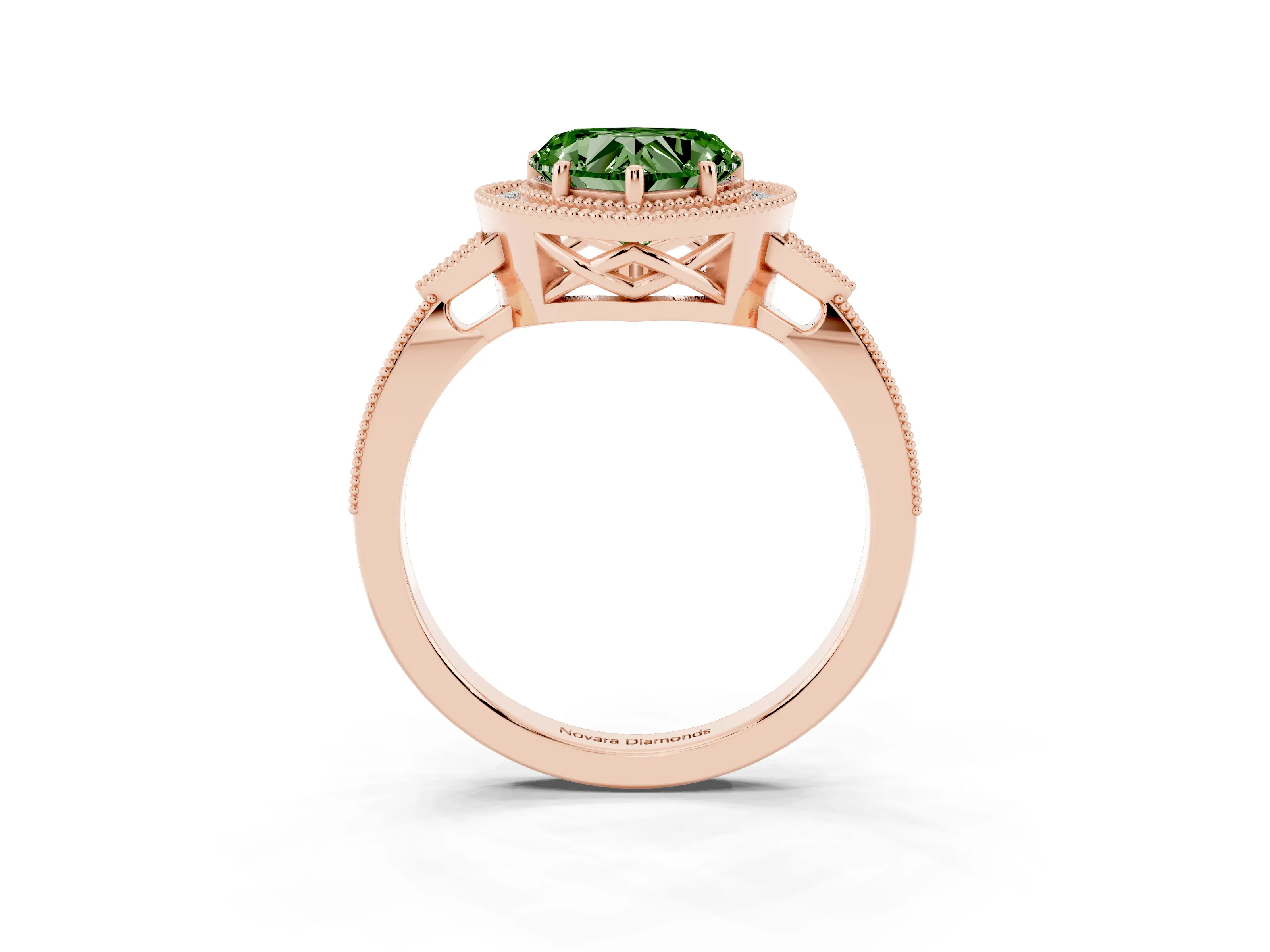 Fancy Green Heart Cut Diamond Halo Engagement Ring Set in Rose gold with Milgrain Pavé Band