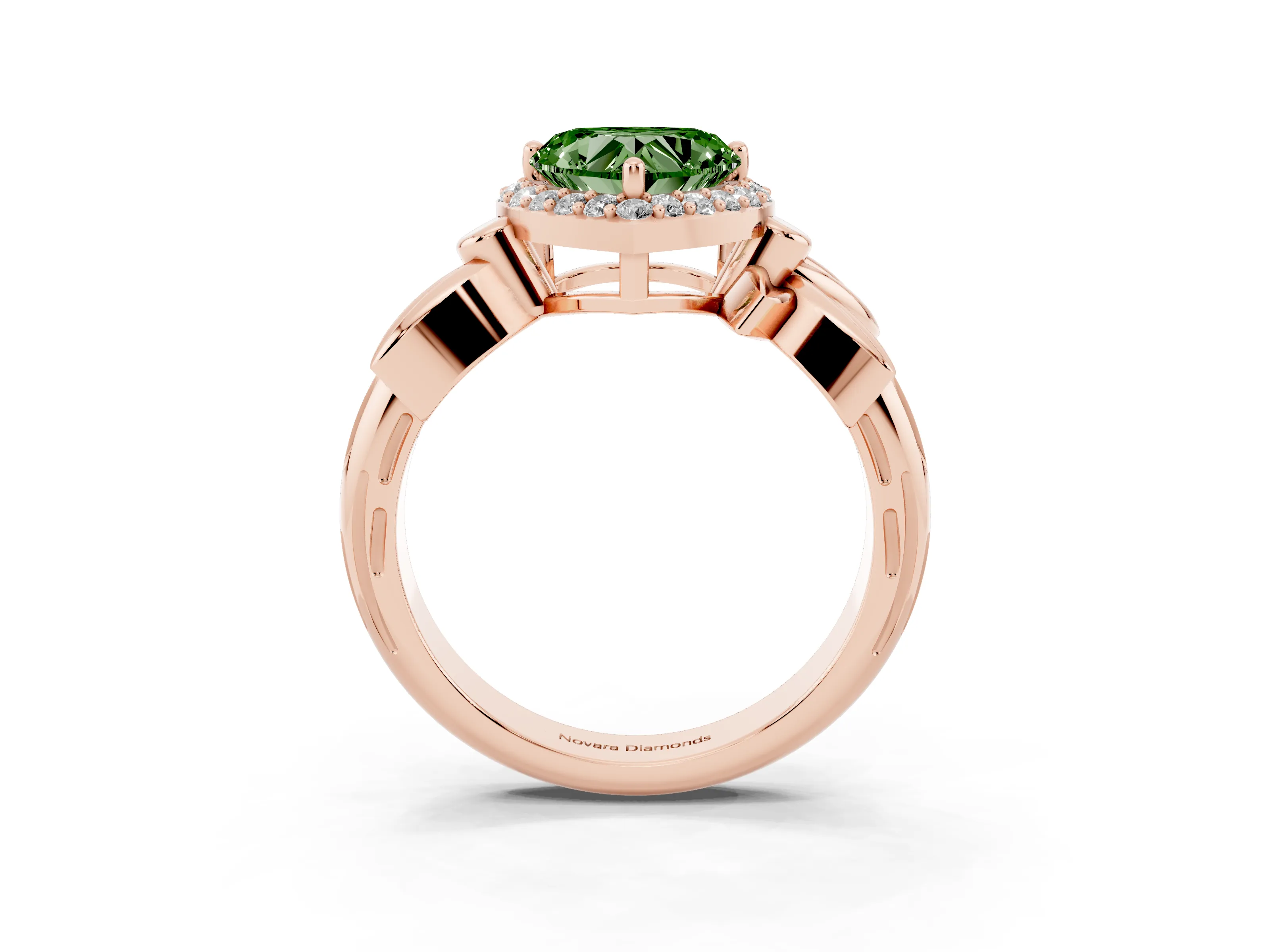 Fancy Green Heart Cut Diamond Halo Floral Band Ring Set in Rose gold with Prong Setting