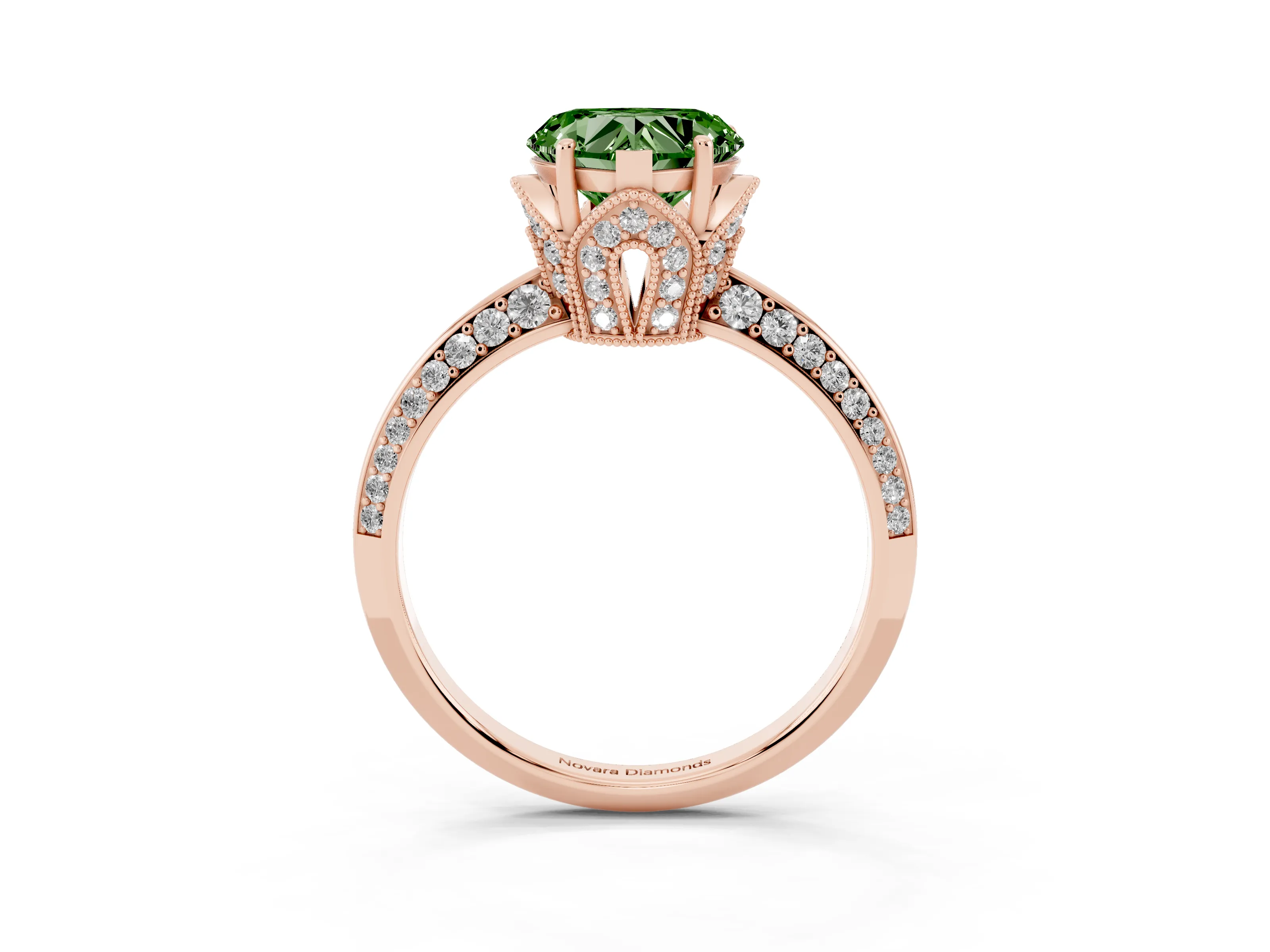 Fancy Green Heart Cut Diamond Solitaire Engagement Ring Set in Rose gold with Pavé Split Shank and Prong Setting