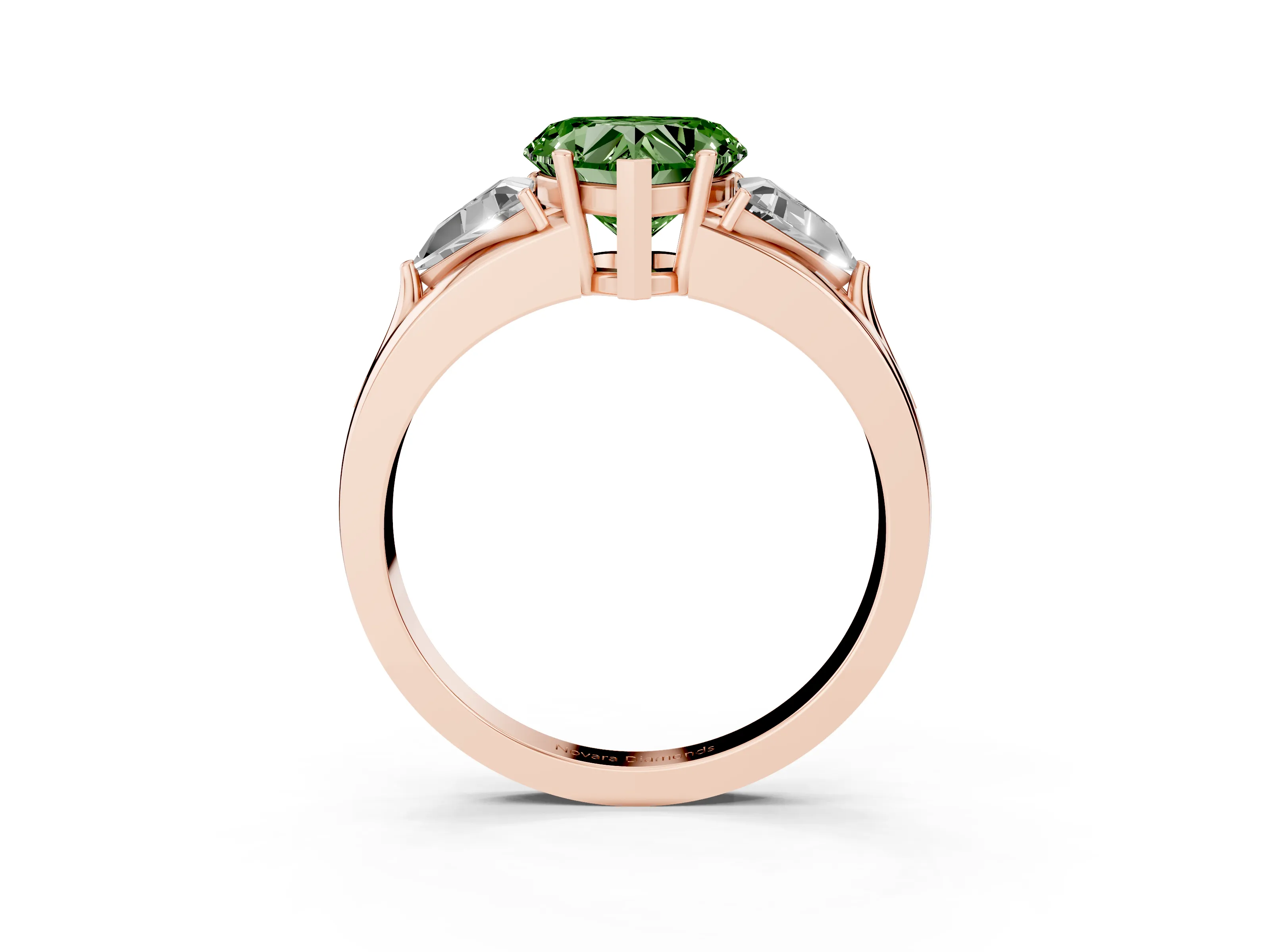 Fancy Green Heart Cut Diamond Three-Stone Ring Set in Rose gold with Trillion Side Stones and Split Shank