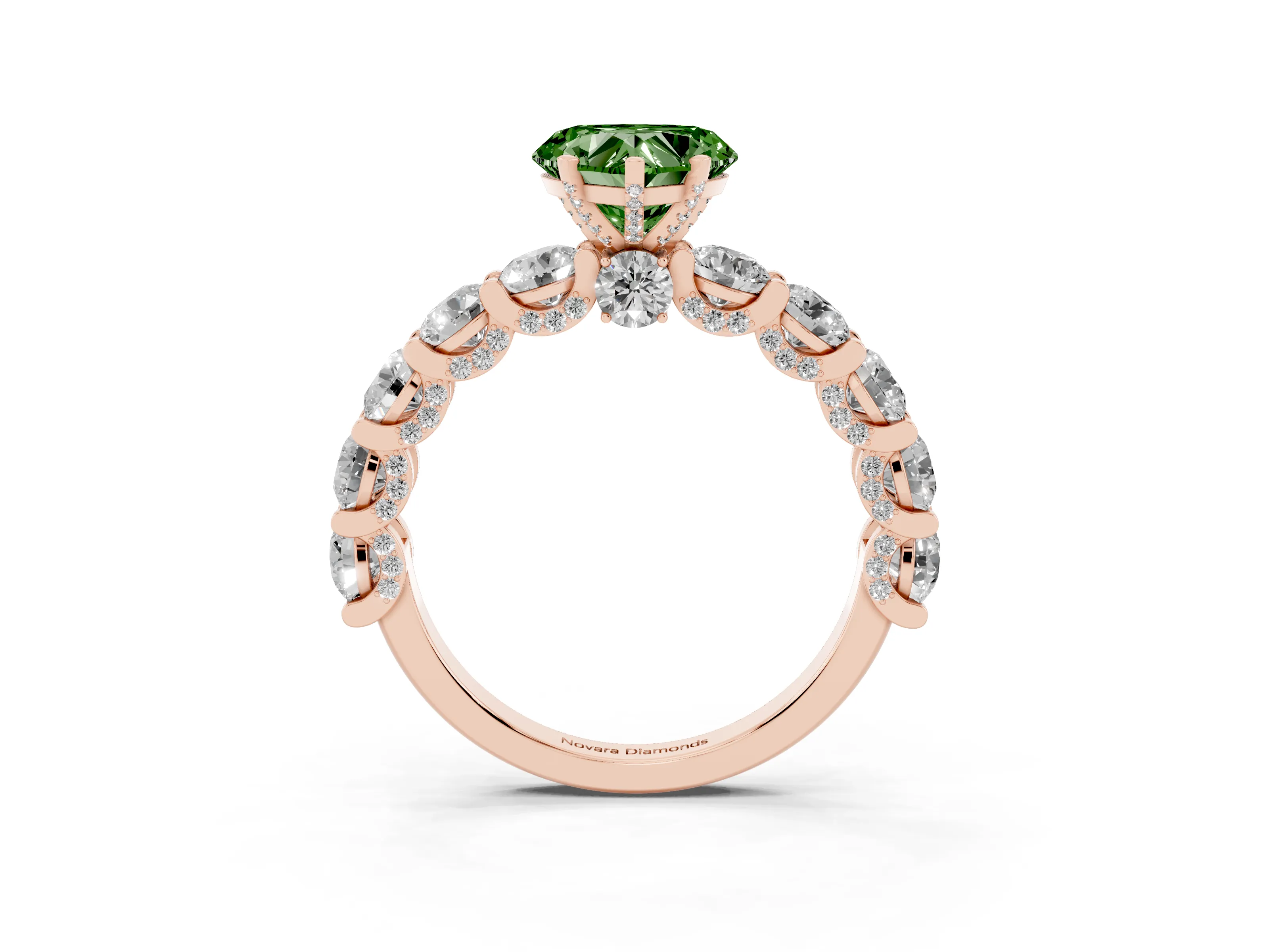 Fancy Green Heart Cut Diamond Side Stone Ring Set in Rose gold with Alternating Round and Oval Side Stones