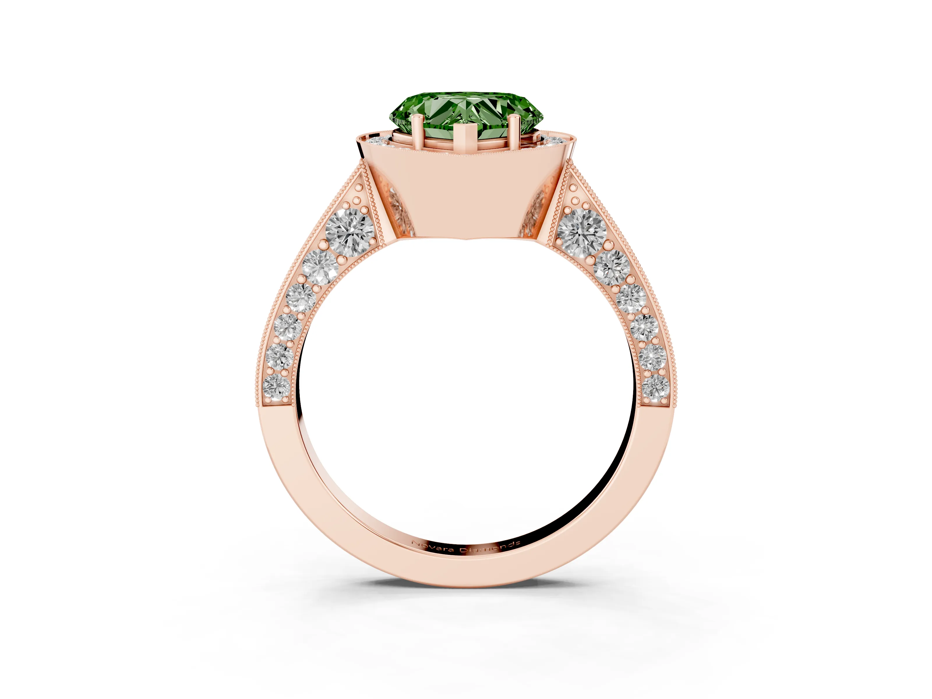 Fancy Green Heart Cut Diamond Halo Engagement Ring Set in Rose gold with Accent Split Shank Band