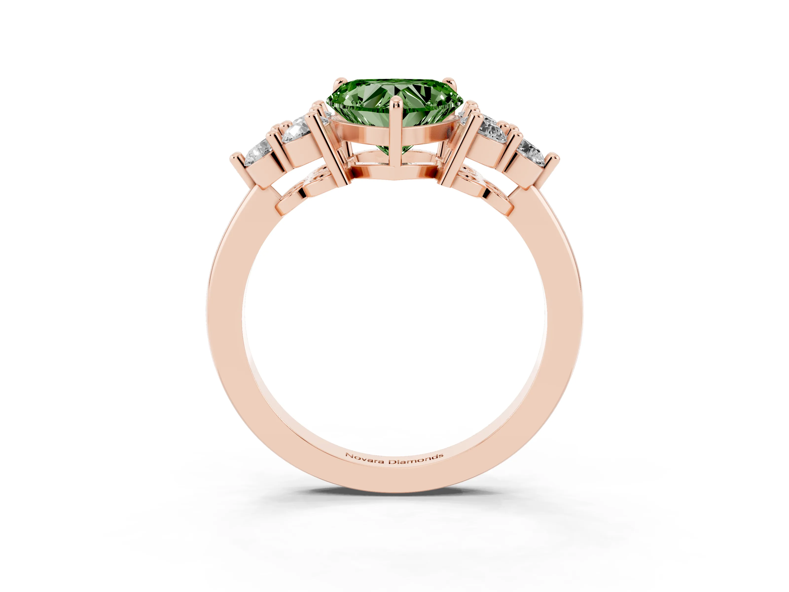 Fancy Green Heart Cut Diamond Solitaire Ring Set in Rose gold with Cluster Accents on Each Side