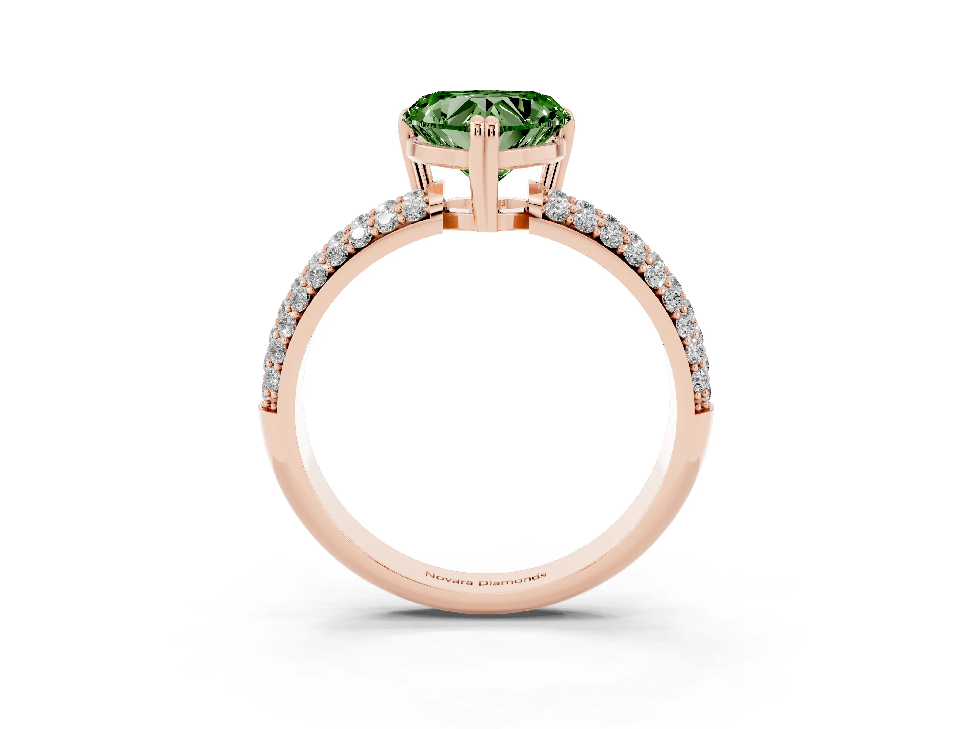 Fancy Green Heart Cut Diamond Solitaire Ring Set in Rose gold with Multi-Row Round Pavé Band and Prong Setting