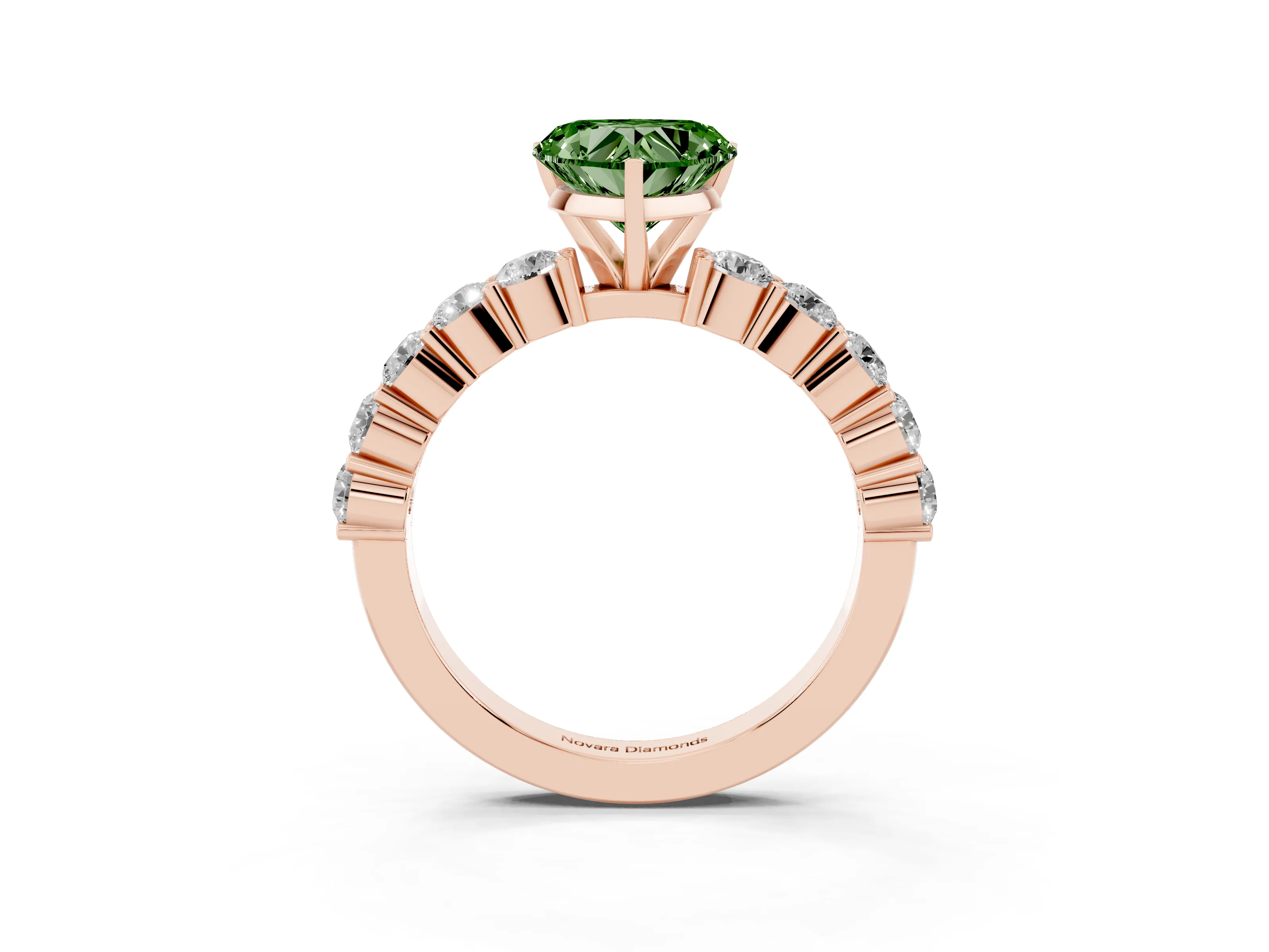 Fancy Green Heart Cut Diamond Solitaire Ring Set in Rose gold with Shared Prong Round Side Stones