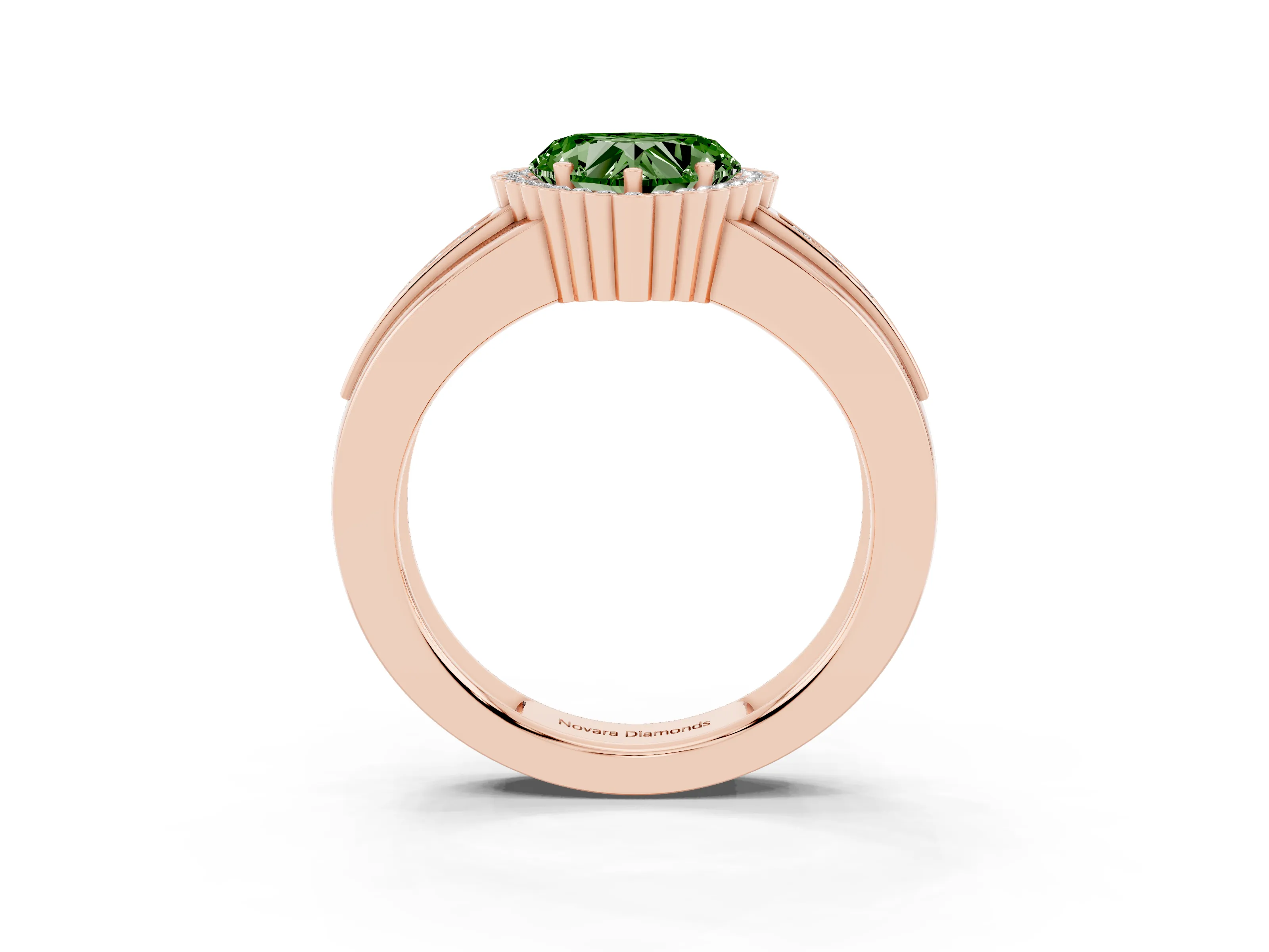 Fancy Green Heart Cut Diamond Halo Prong Ring Set in Rose gold with Pavé Band