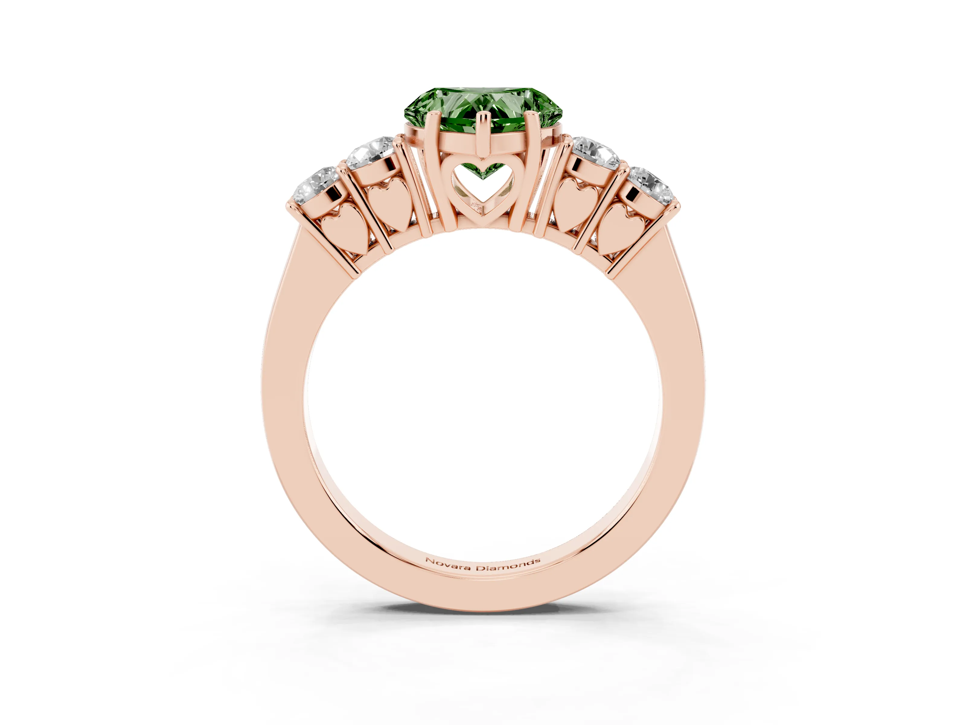Fancy Green Heart Cut Diamond Five-Stone Prong Set Band Ring Set in Rose gold with Polished Band