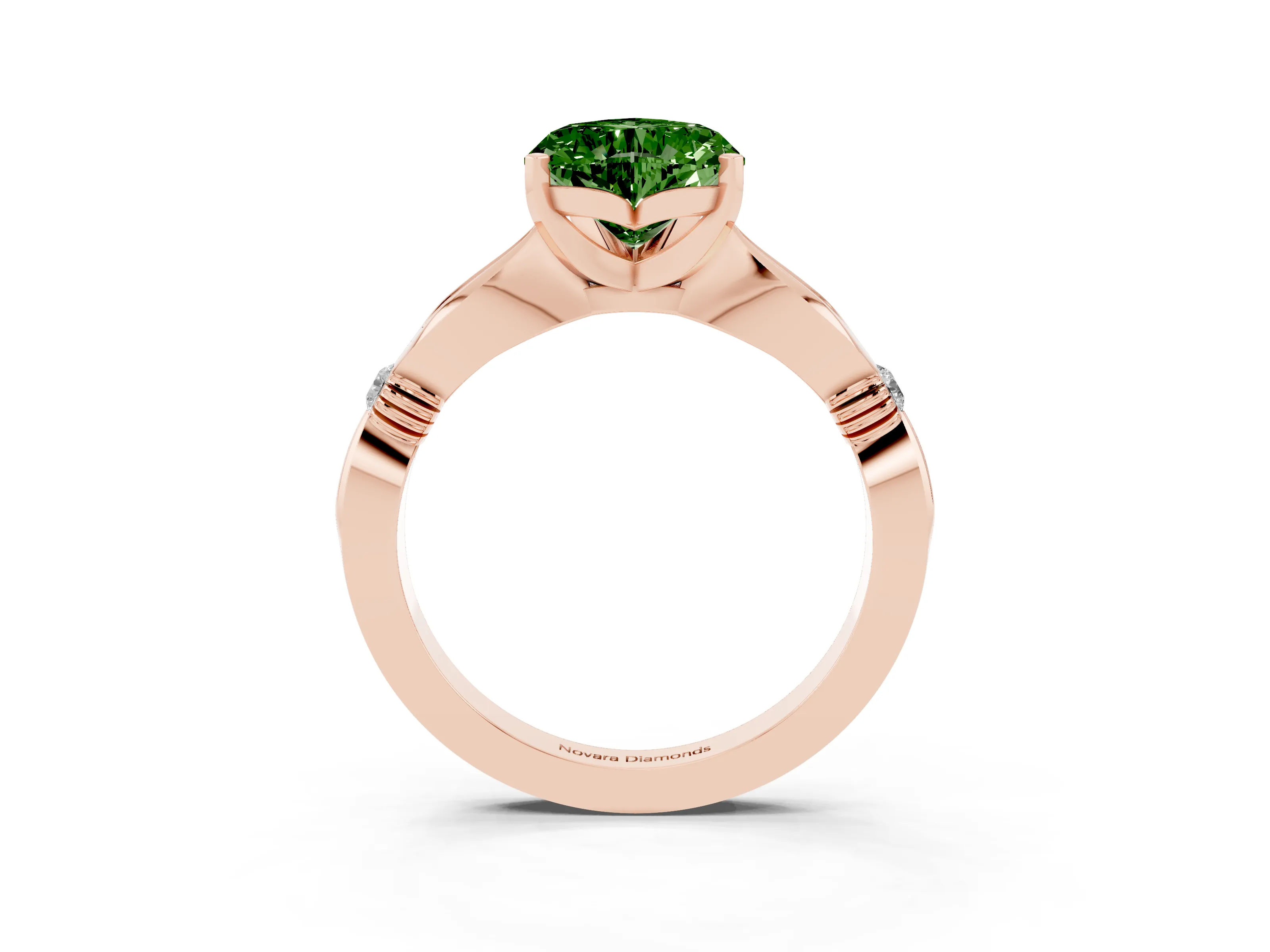 Fancy Green Heart Cut Diamond Solitaire Twisted Band Ring Set in Rose gold with Accent Stones and Prong Setting
