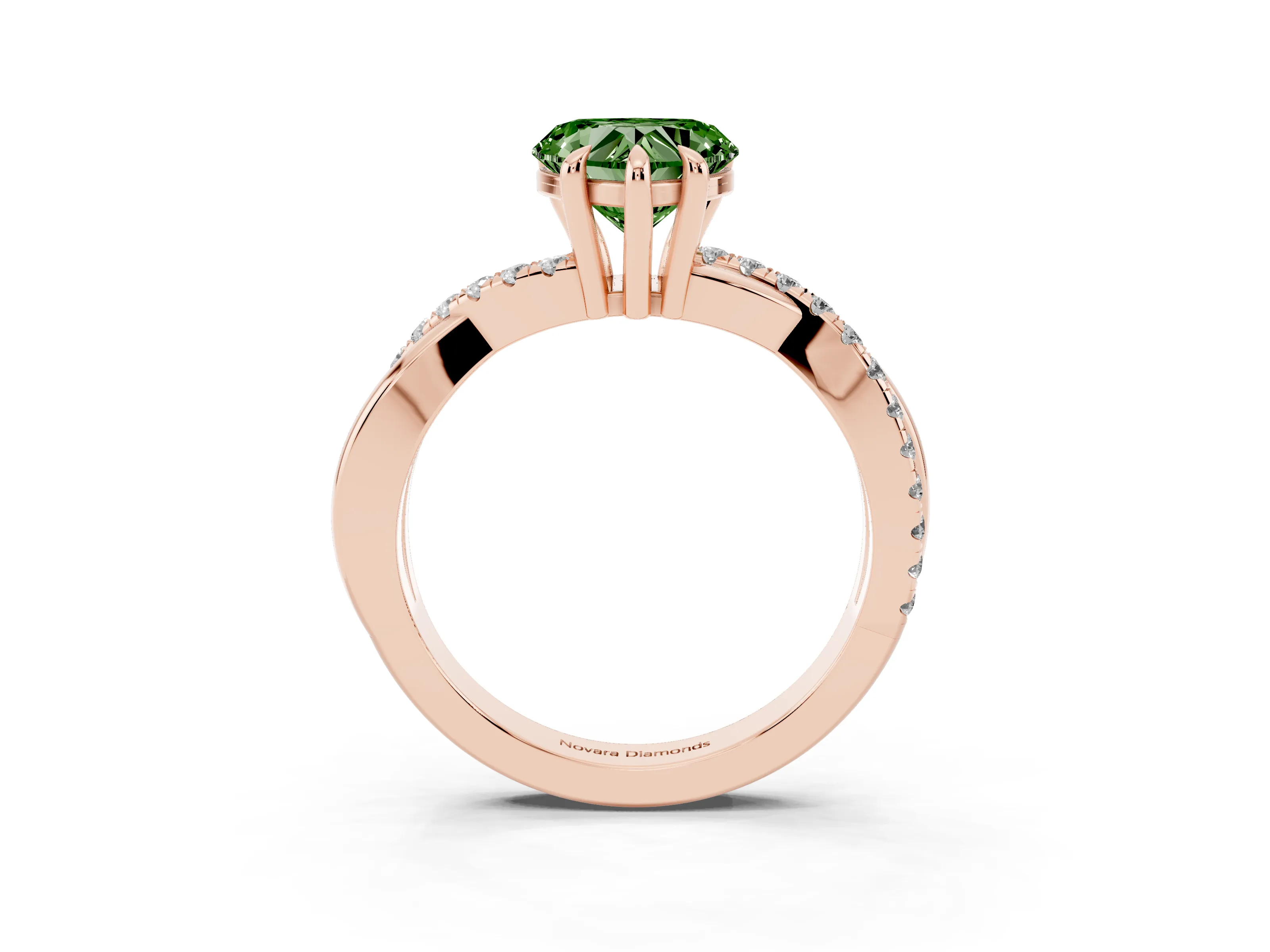 Fancy Green Heart Cut Diamond Twist Band Solitaire Set in Rose gold with Pavé Accents and Prong Setting