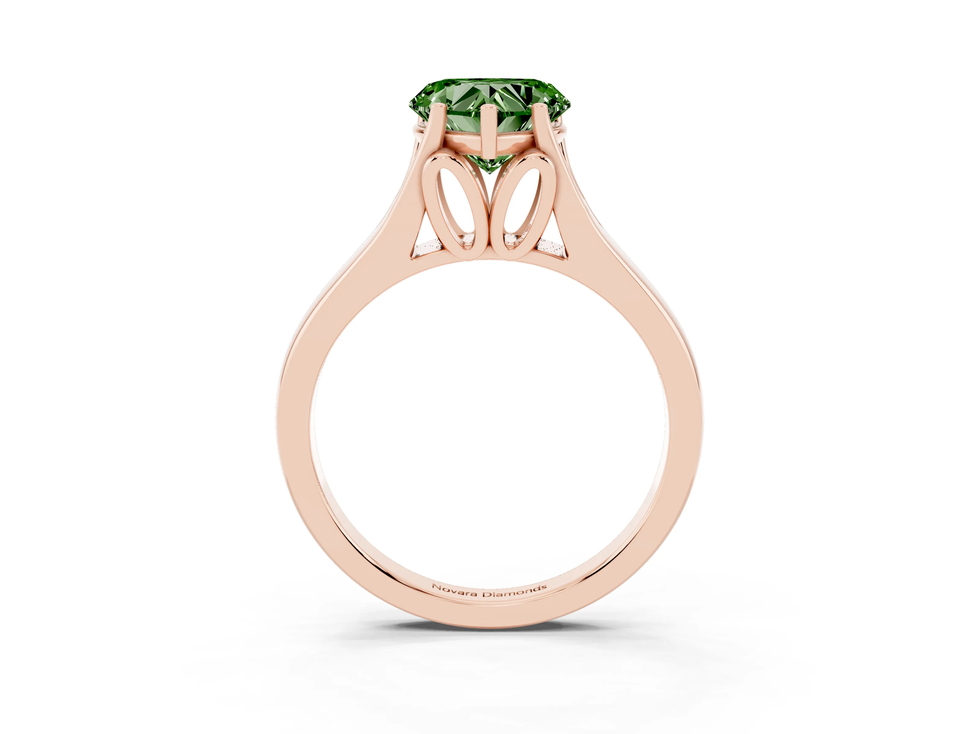 Fancy Green Heart Cut Diamond Solitaire Ring Set in Rose gold with Arched Cathedral Band and Prong Setting