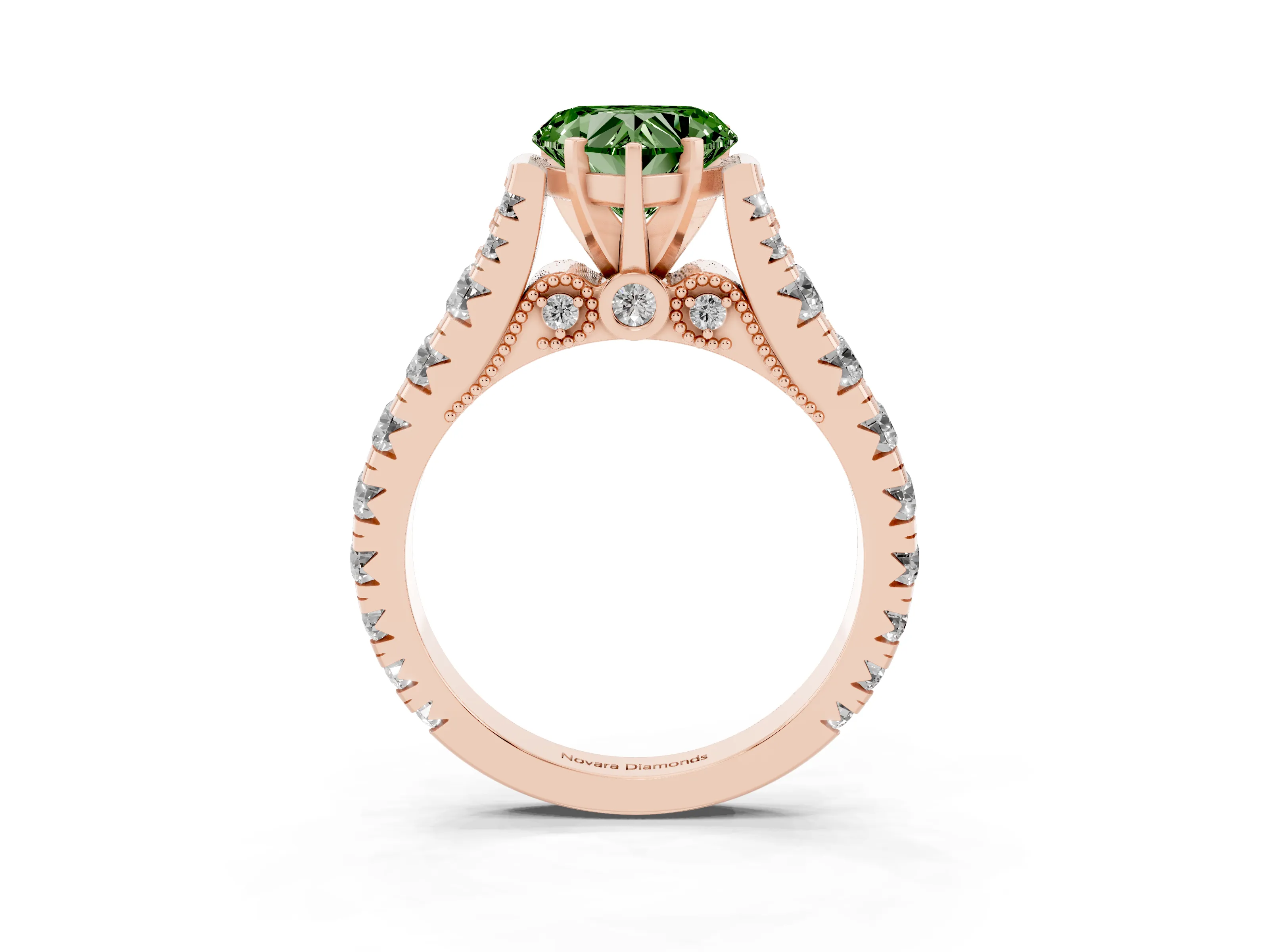 Fancy Green Heart Cut Diamond Classic Solitaire Ring Set in Rose gold with Pavé Band and Prong Setting