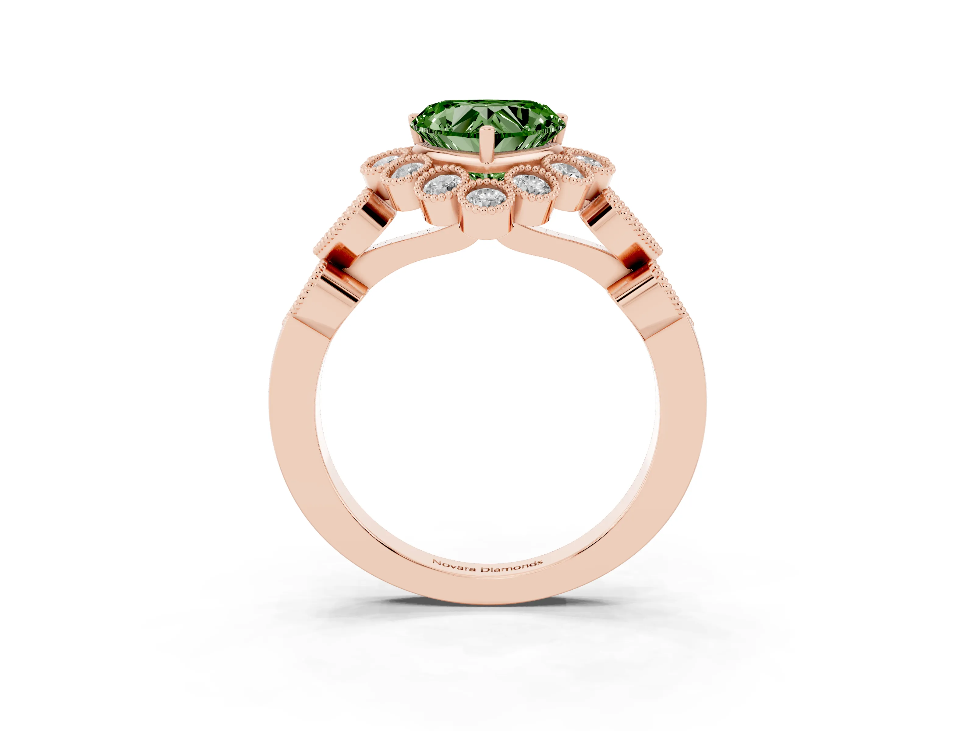 Fancy Green Heart Cut Diamond Solitaire Ring Set in Rose gold with Milgrain Pavé Heart Band
