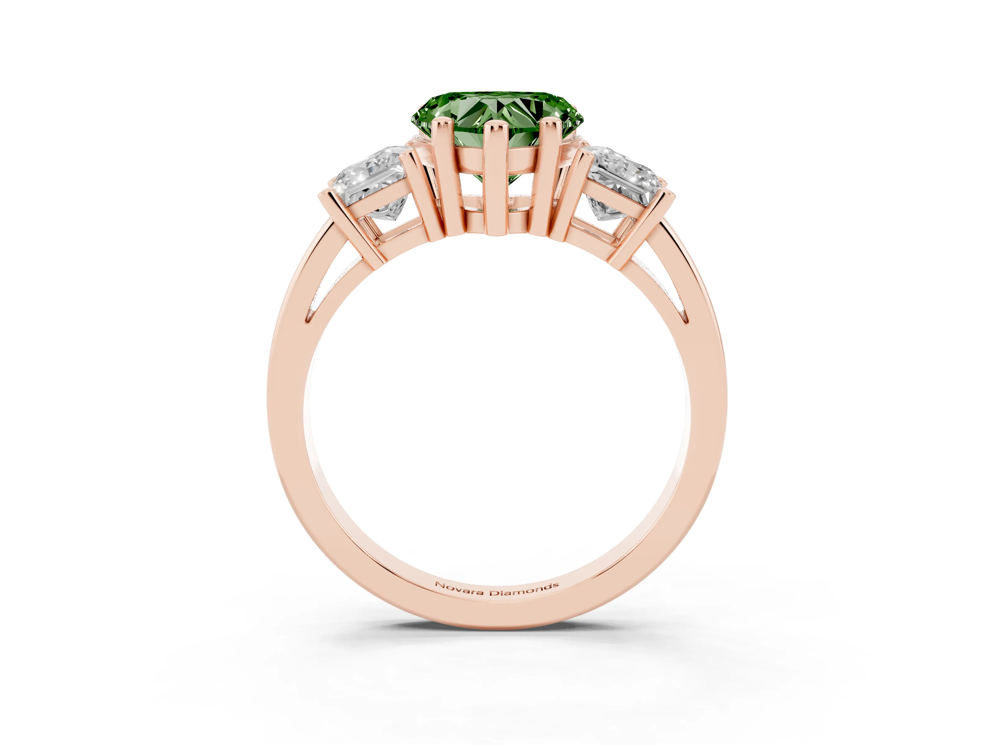 Fancy Green Three-Stone Heart Cut Diamond Solitaire Ring Set in Rose gold with Prong Setting