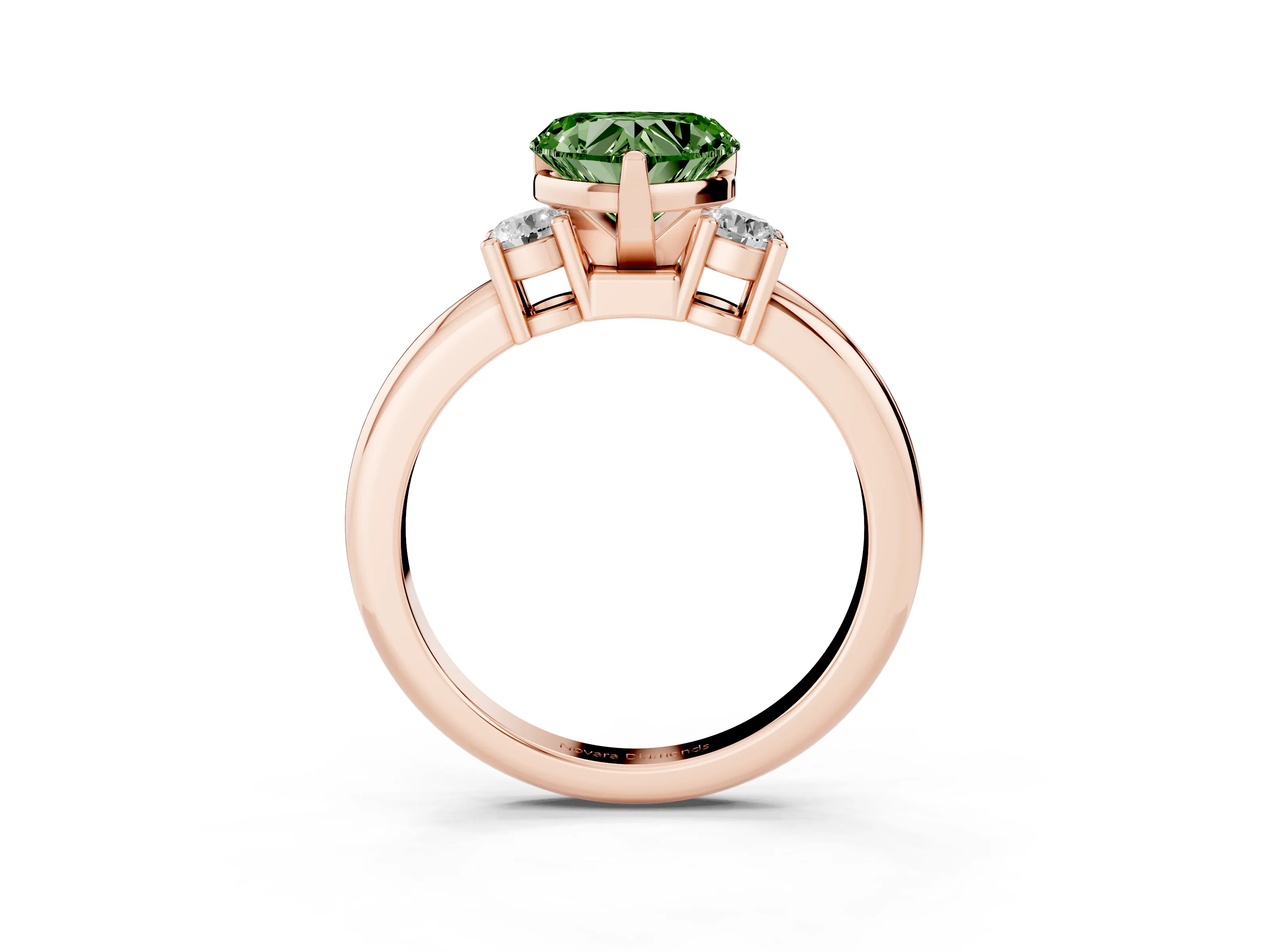 Fancy Green Three-Stone Heart Cut Diamond Ring Set in Rose gold with Prong Setting and Plain Band