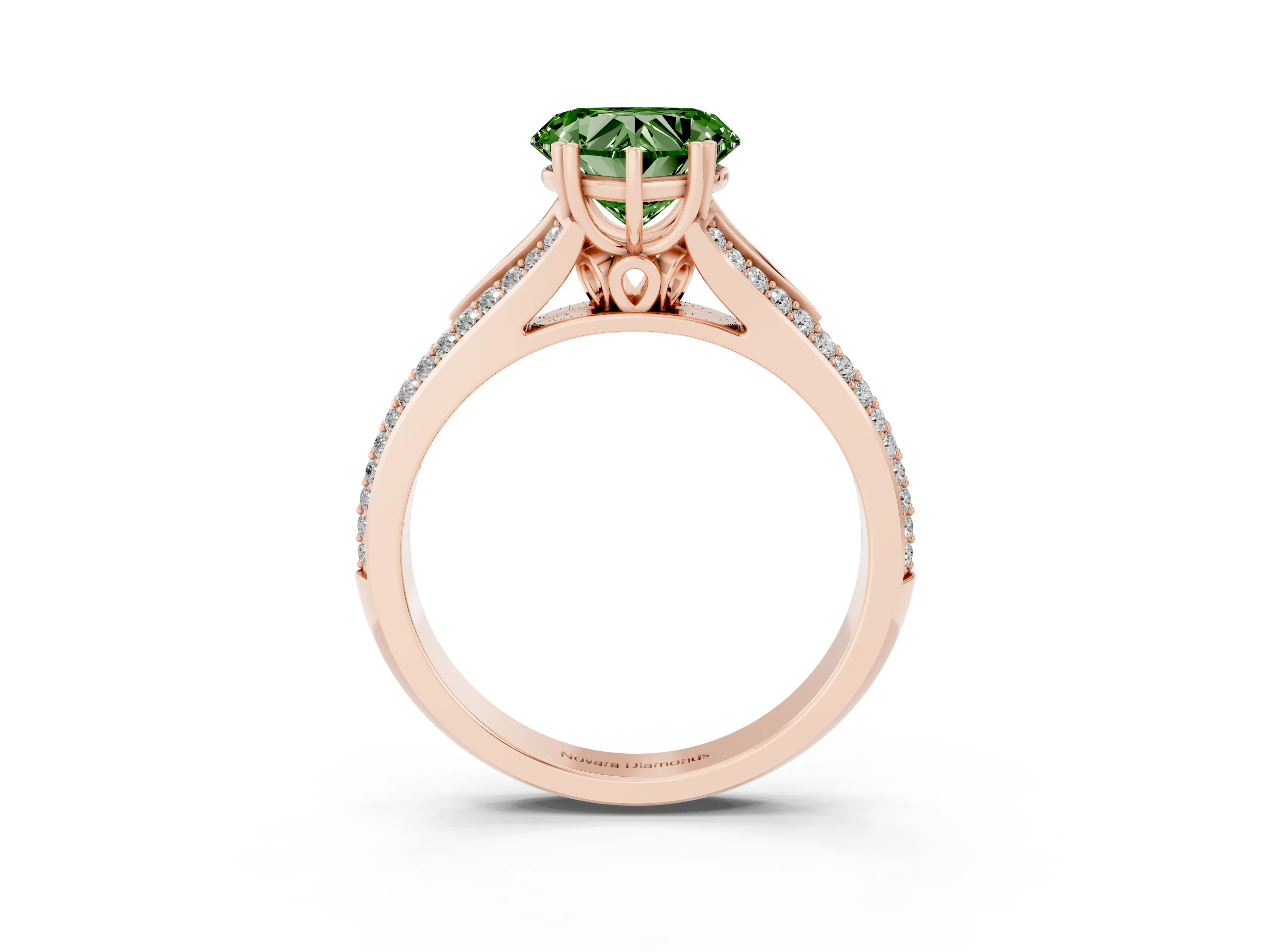 Fancy Green Heart Cut Diamond Split Shank Pavé Engagement Ring Set in Rose gold with Prong-Set Center Stone
