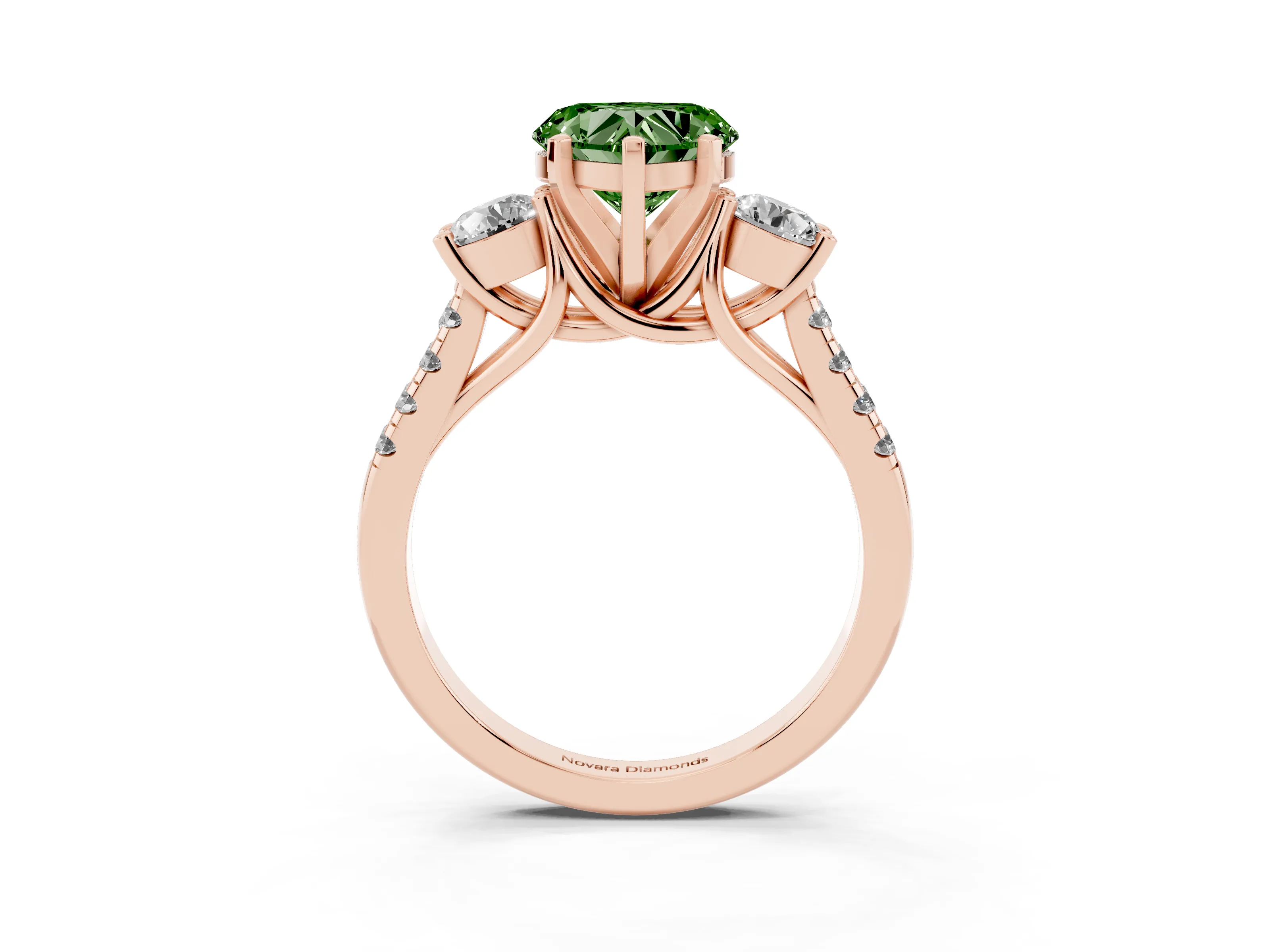 Fancy Green Three-Stone Heart Cut Diamond Pavé Band Ring Set in Rose gold with Prong-Set Trio