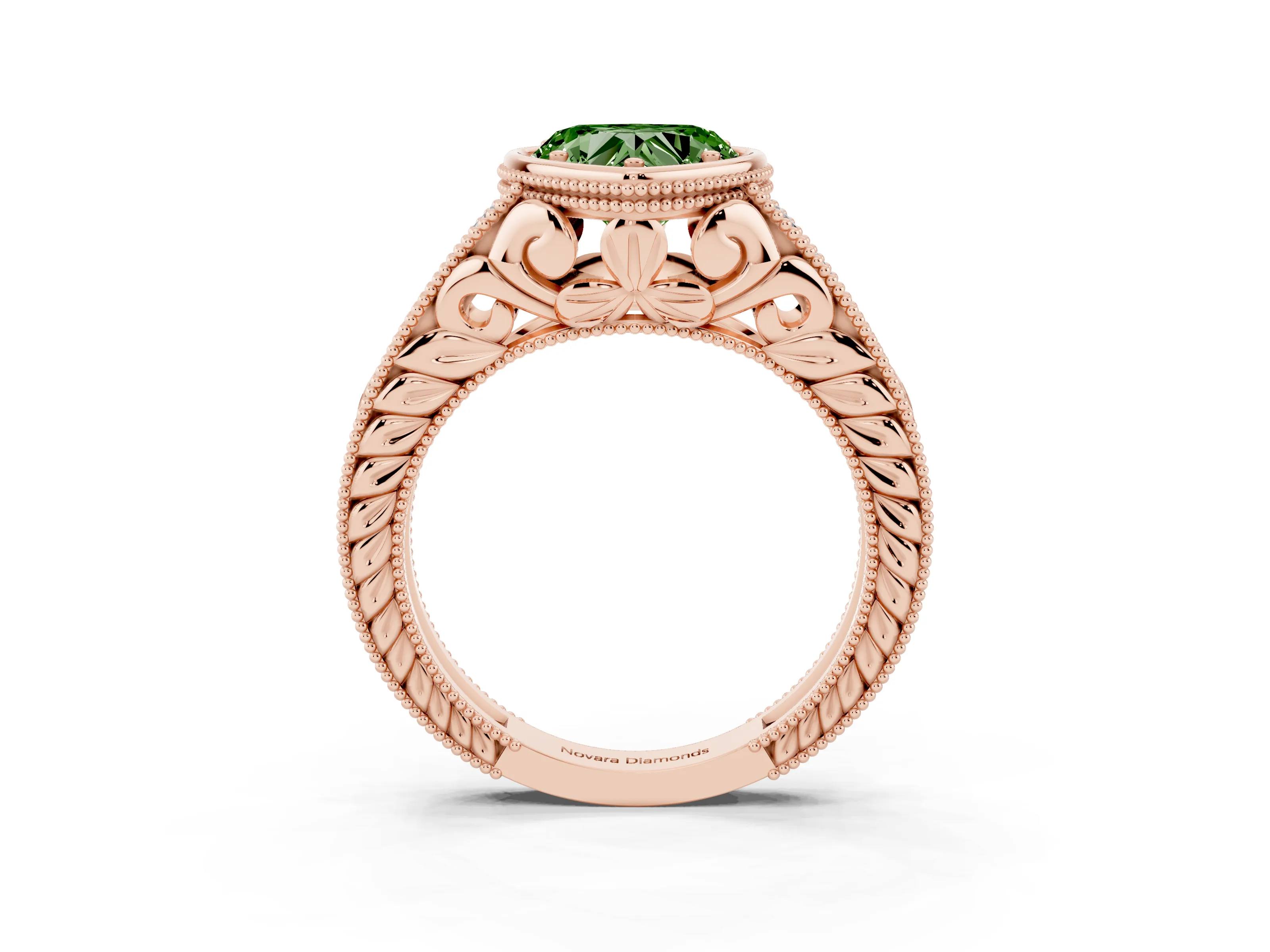 Fancy Green Bezel Set Heart Cut Diamond Milgrain Pavé Engagement Ring Set in Rose gold
