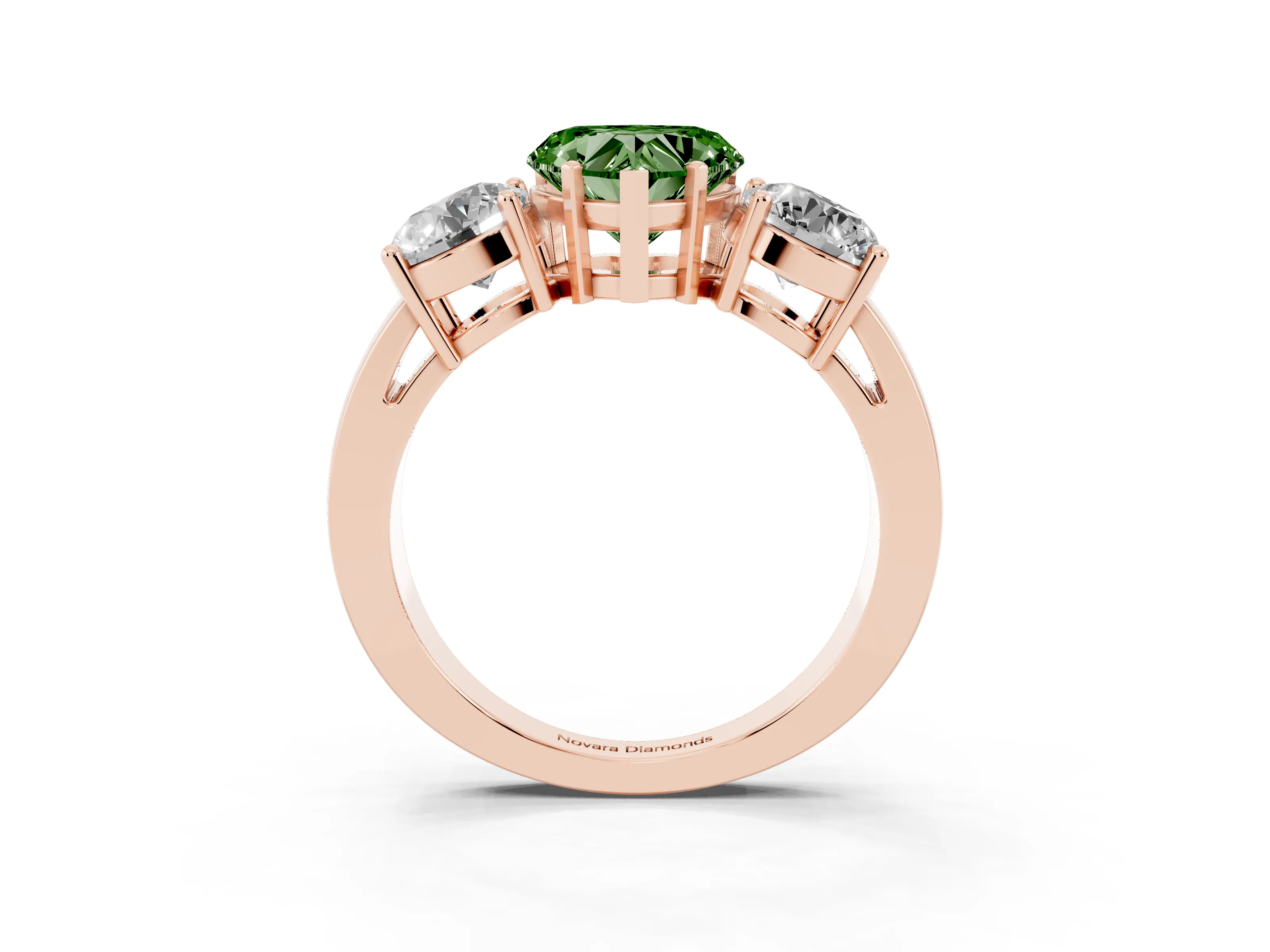 Fancy Green Heart Cut Diamond Three-Stone Ring Set in Rose gold with Round Side Stones and Classic Band