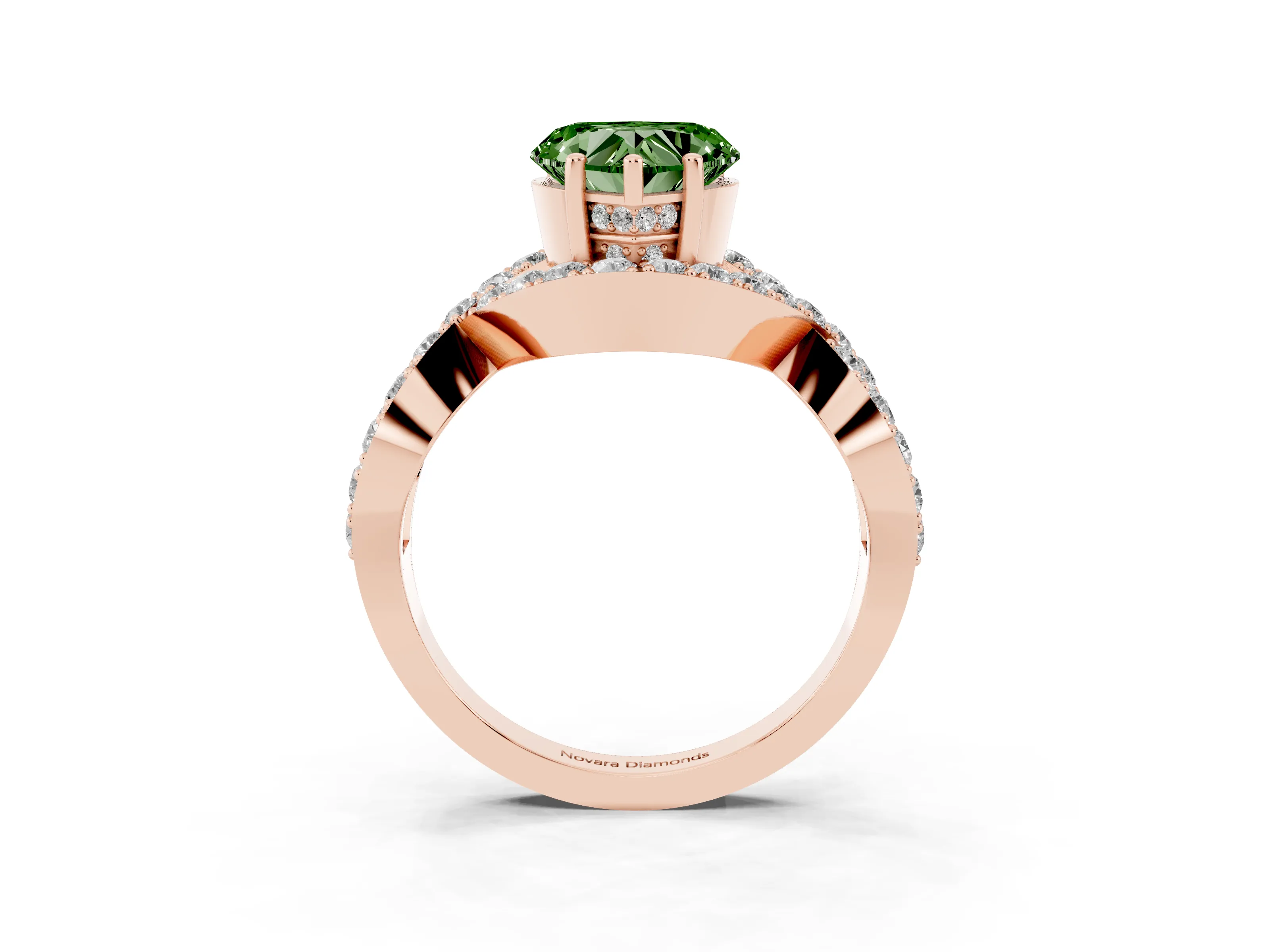 Fancy Green Heart Cut Diamond Solitaire Twist Band Pavé Engagement Ring Set in Rose gold