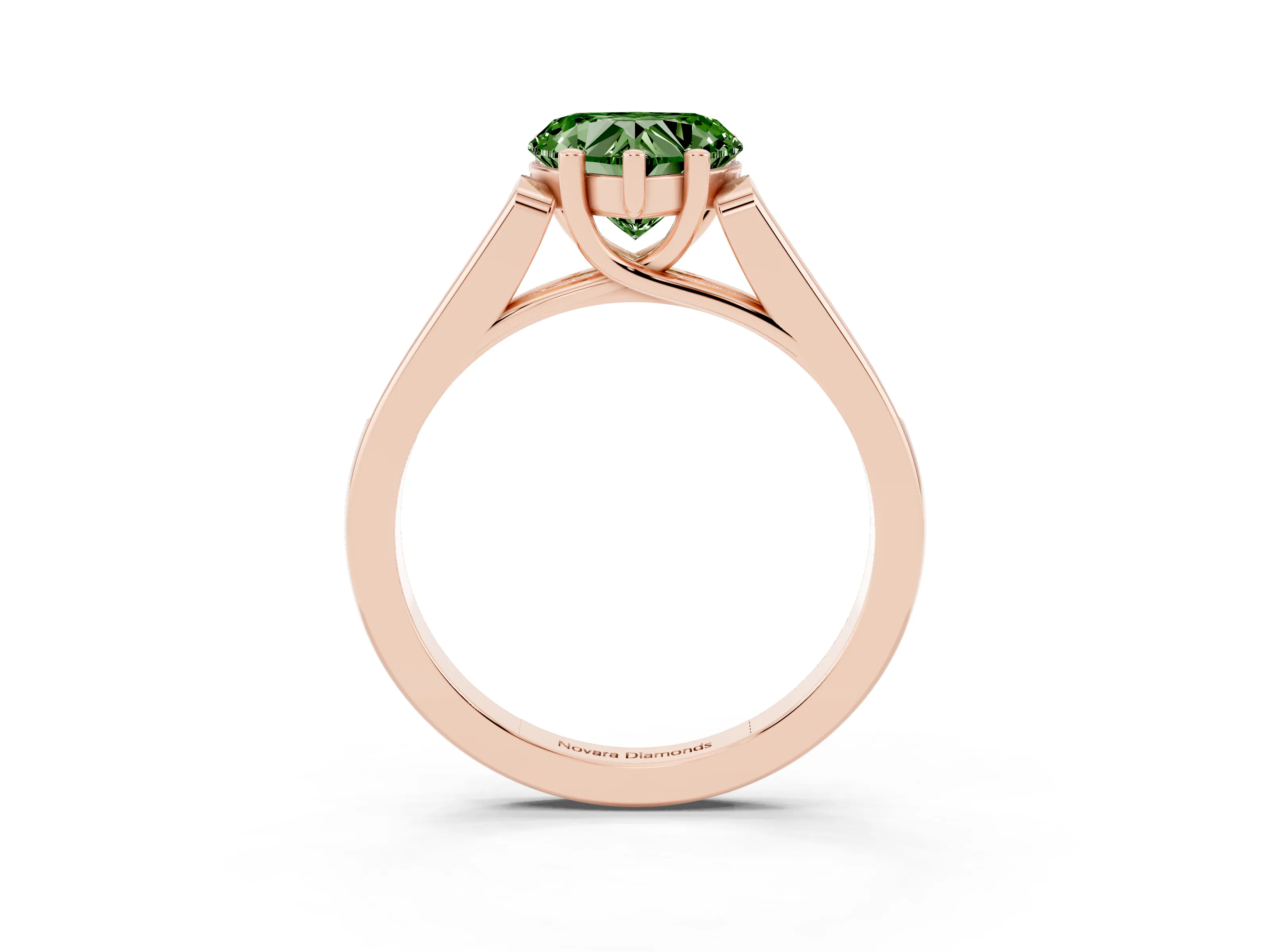 Fancy Green Heart Cut Diamond Solitaire Cathedral Engagement Ring Set in Rose gold with Channel-Set Band and Prong Setting