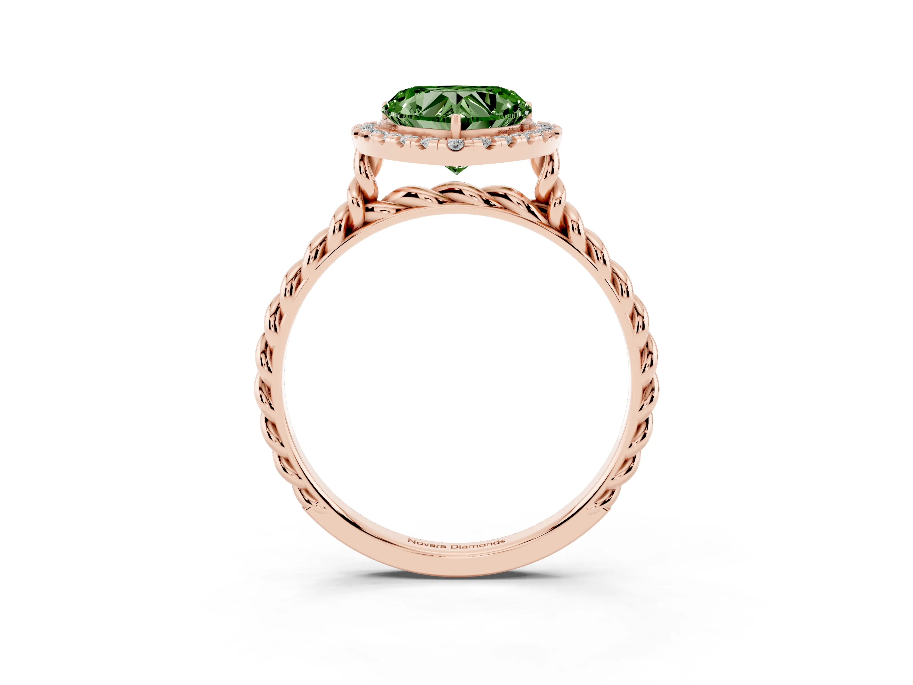 Fancy Green Heart Cut Diamond Halo Ring Set in Rose gold with Plain Twisted Band