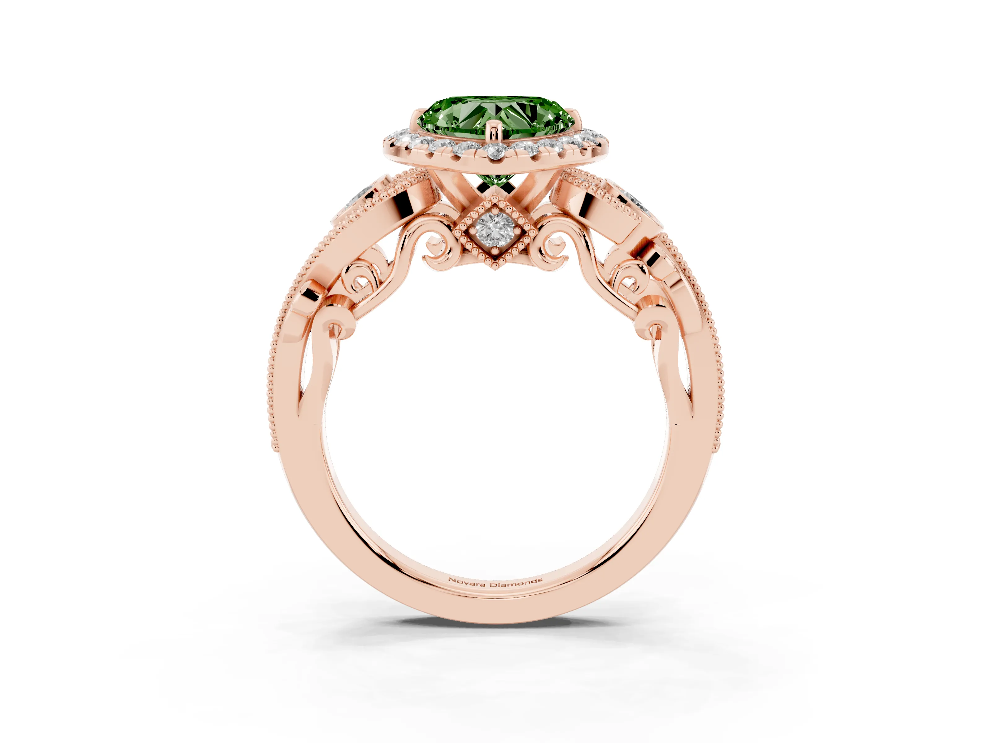 Fancy Green Heart Cut Diamond Halo Ring Set in Rose gold with Milgrain Pavé Band and Prong Setting