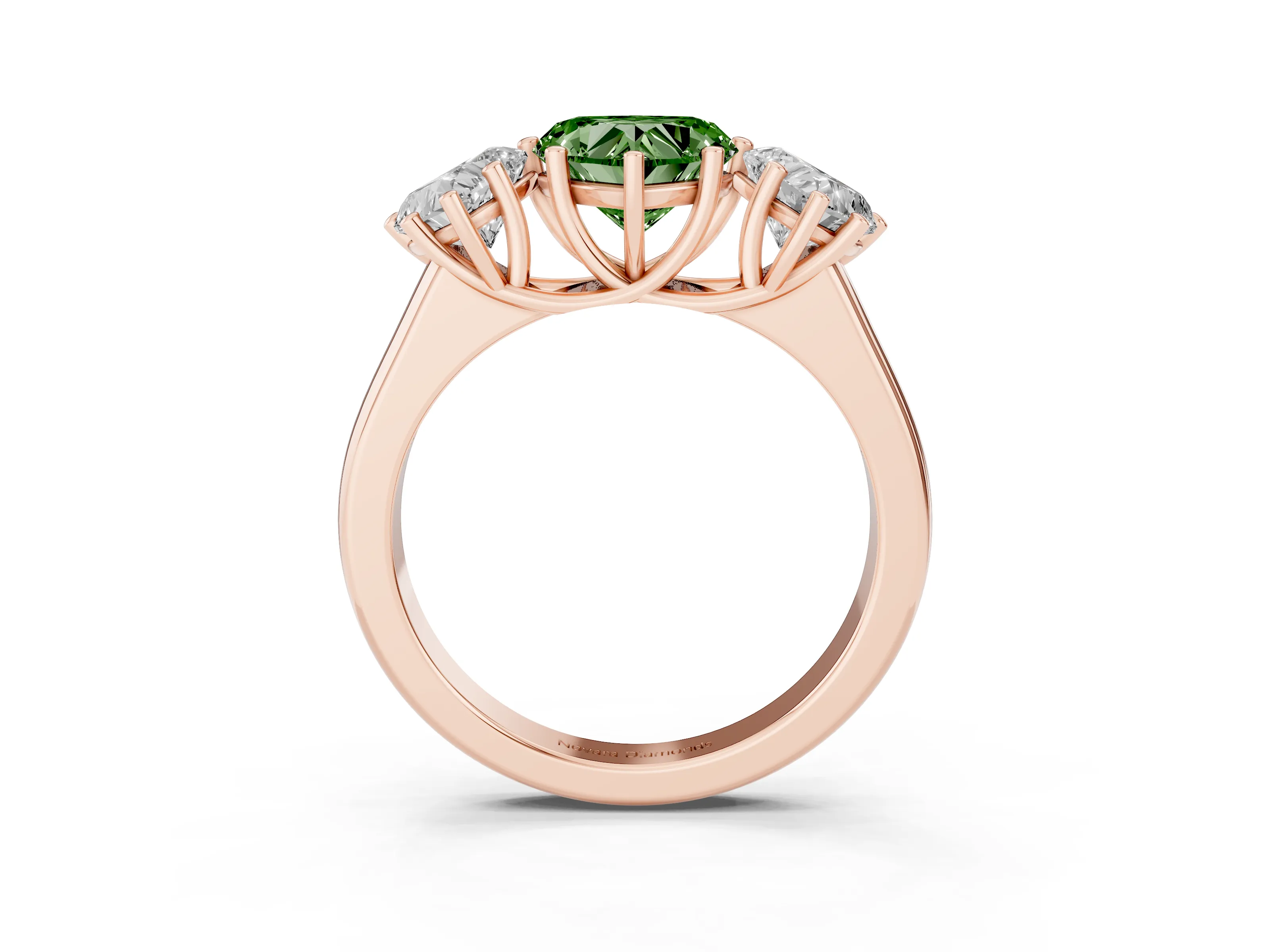 Fancy Green Heart Cut Diamond Three-Stone Ring Set in Rose gold with Plain Polished Band