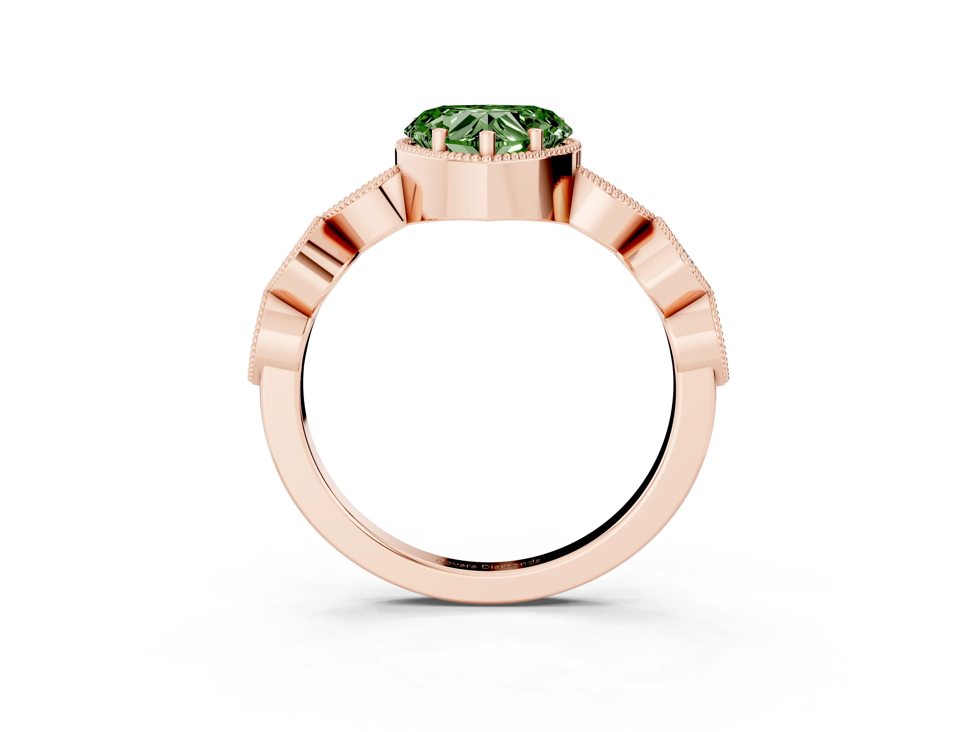 Fancy Green Heart Cut Diamond Vintage-Inspired Milgrain Ring Set in Rose gold with Marquise Stations of Round Accents